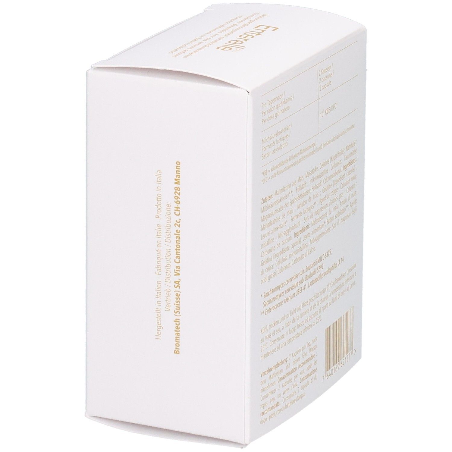 Boîte pliante blanche avec inscription dorée, vue latérale montrant les informations du fabricant et le code-barres.