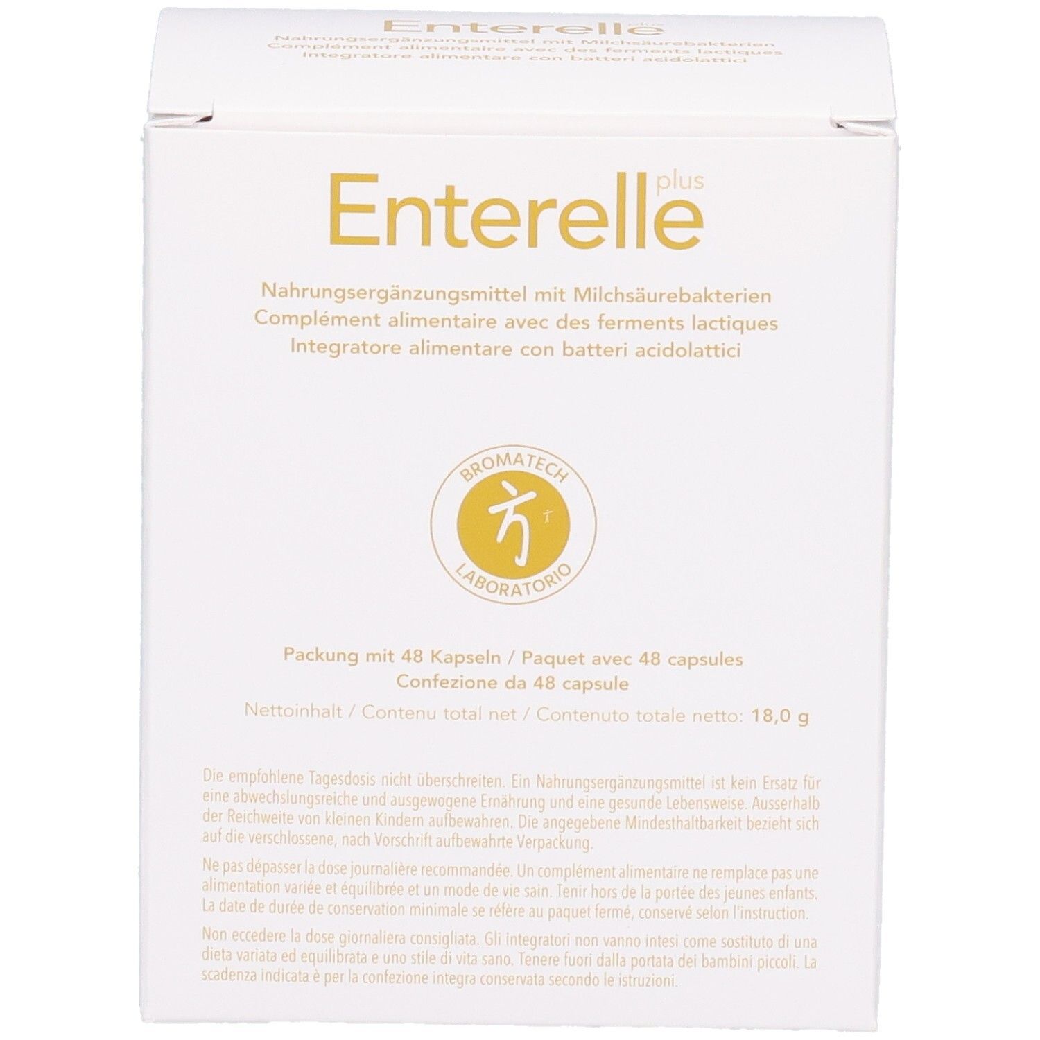 Boîte pliante blanche avec inscription dorée, face avant avec nom du produit et informations.