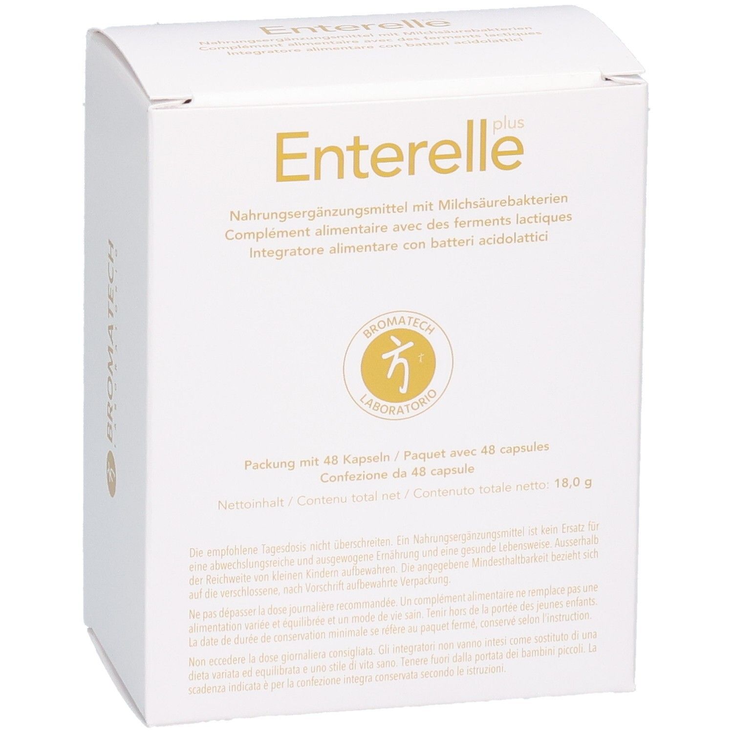 Boîte pliante blanche avec inscription dorée, face avant indiquant le nom du produit et des informations.