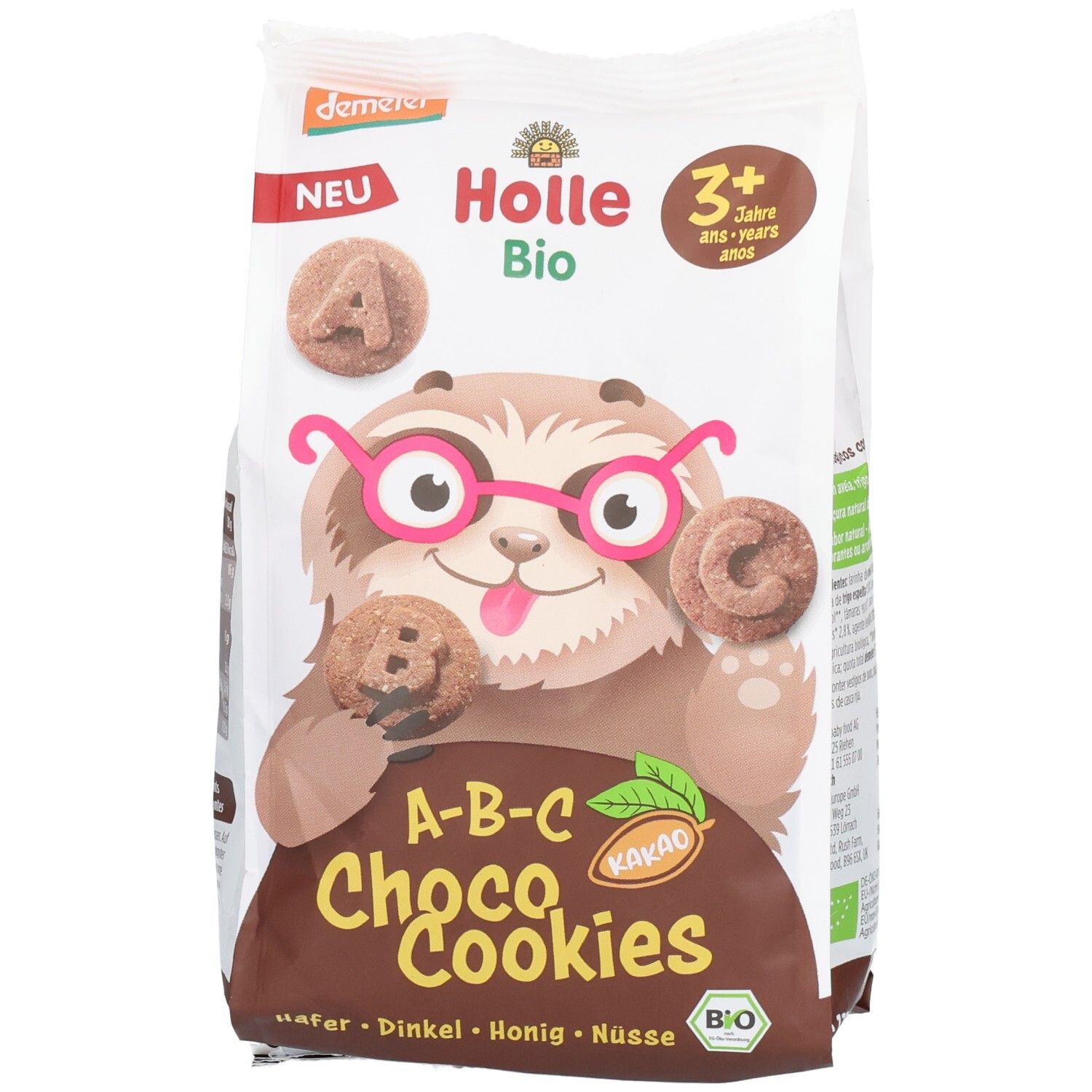 Holle Bio A-B-C Schoko Kekse Tüte mit Fokus auf das Faultier-Design.