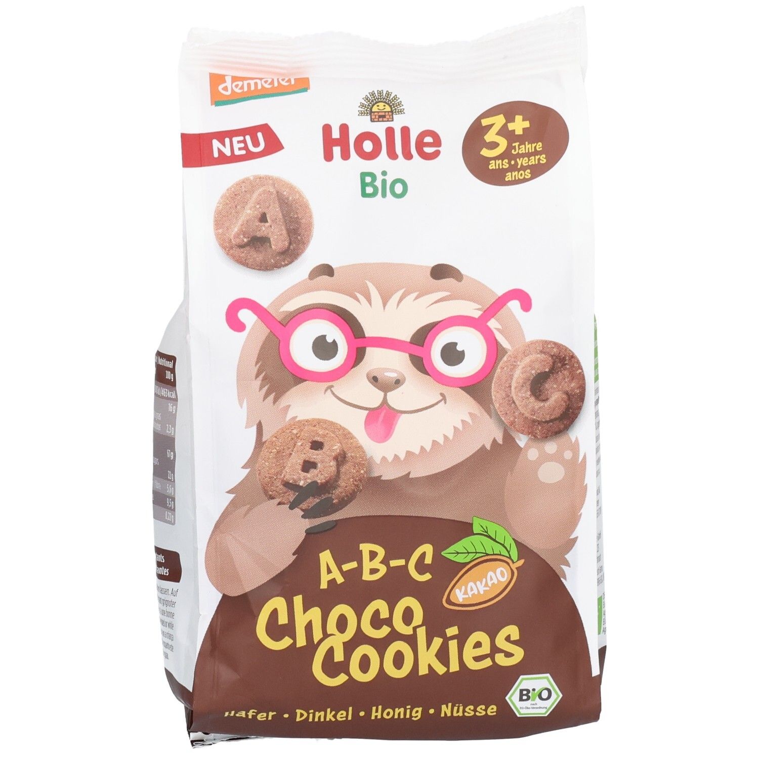 Vorderseite der Holle Bio A-B-C Schoko Kekse Tüte mit Produktinformationen.