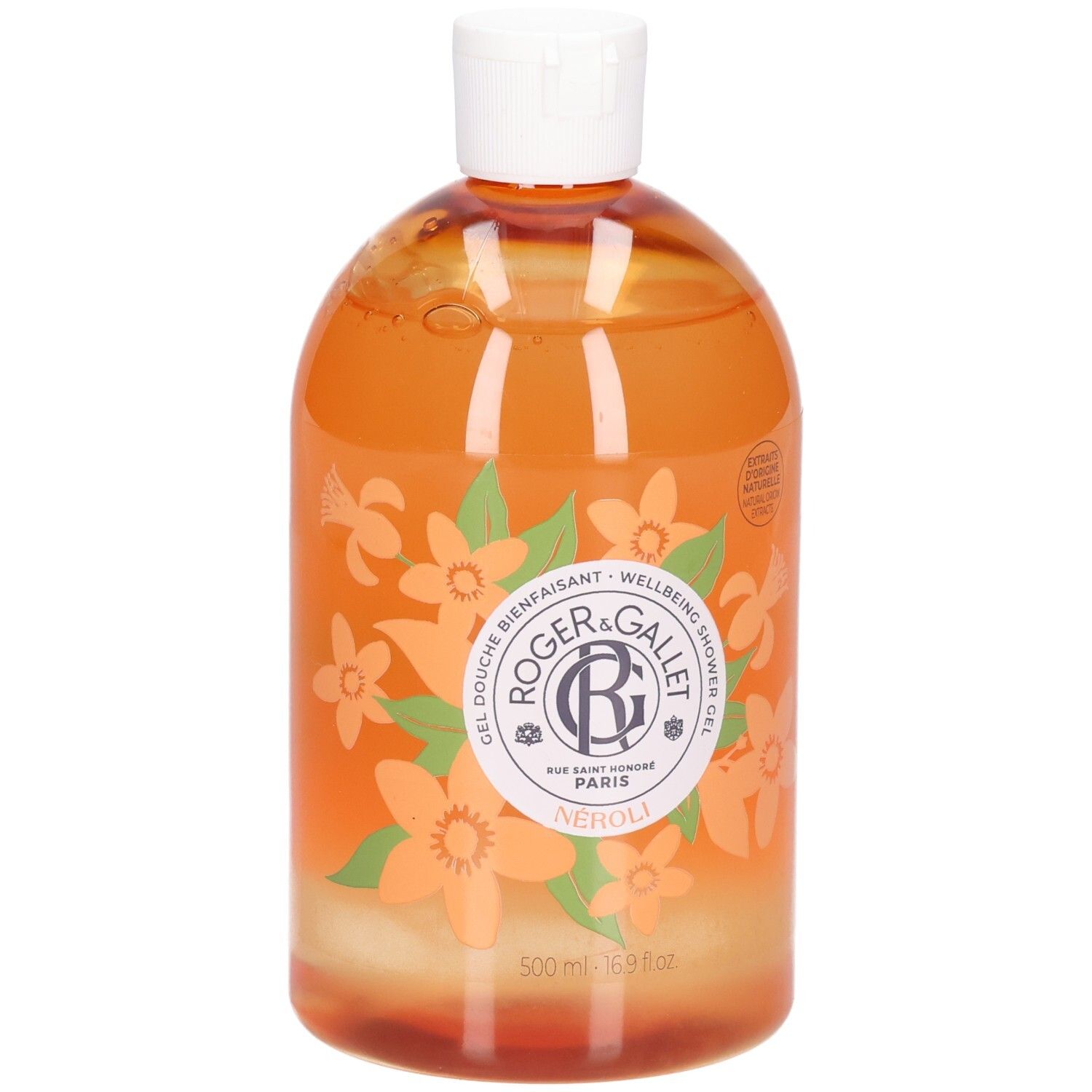 Orangefarbenes Duschgel mit weißem Deckel. Aufschrift: ROGER & GALLET, Neroli. Blumenmuster. 500 ml.