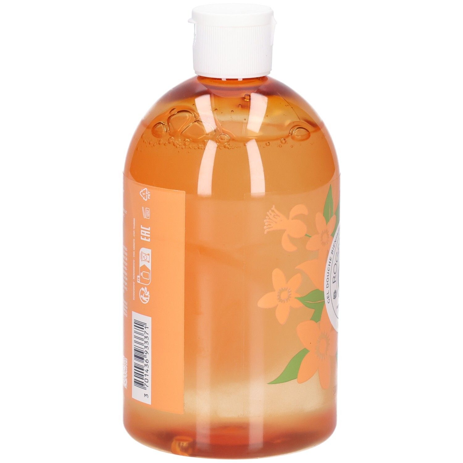 Orangefarbene Duschgel-Flasche mit weißem Deckel. Seitenansicht. Aufschrift und Etikett.