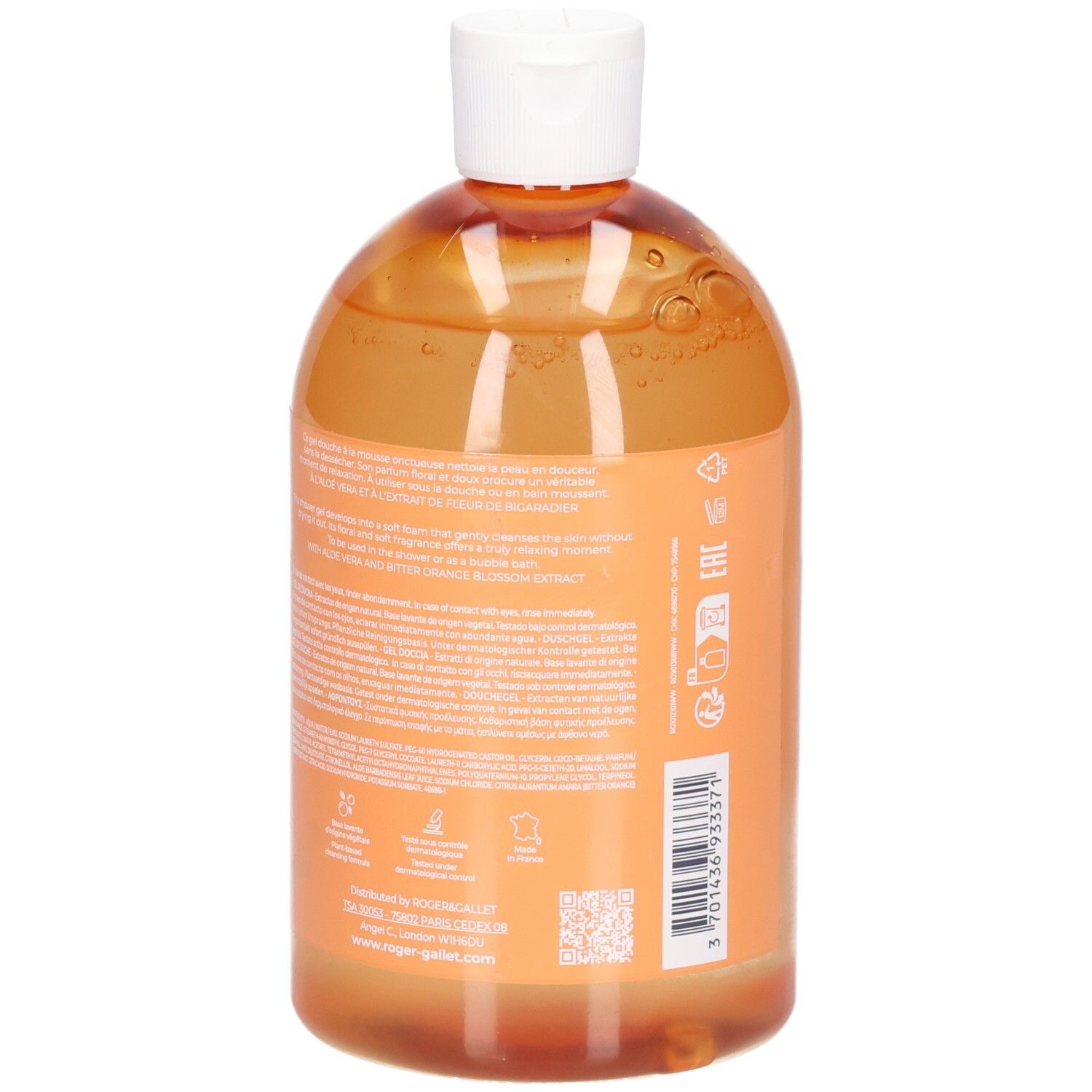 Rückseite der orangefarbenen Duschgelflasche mit weißem Deckel. Text und Etikett.