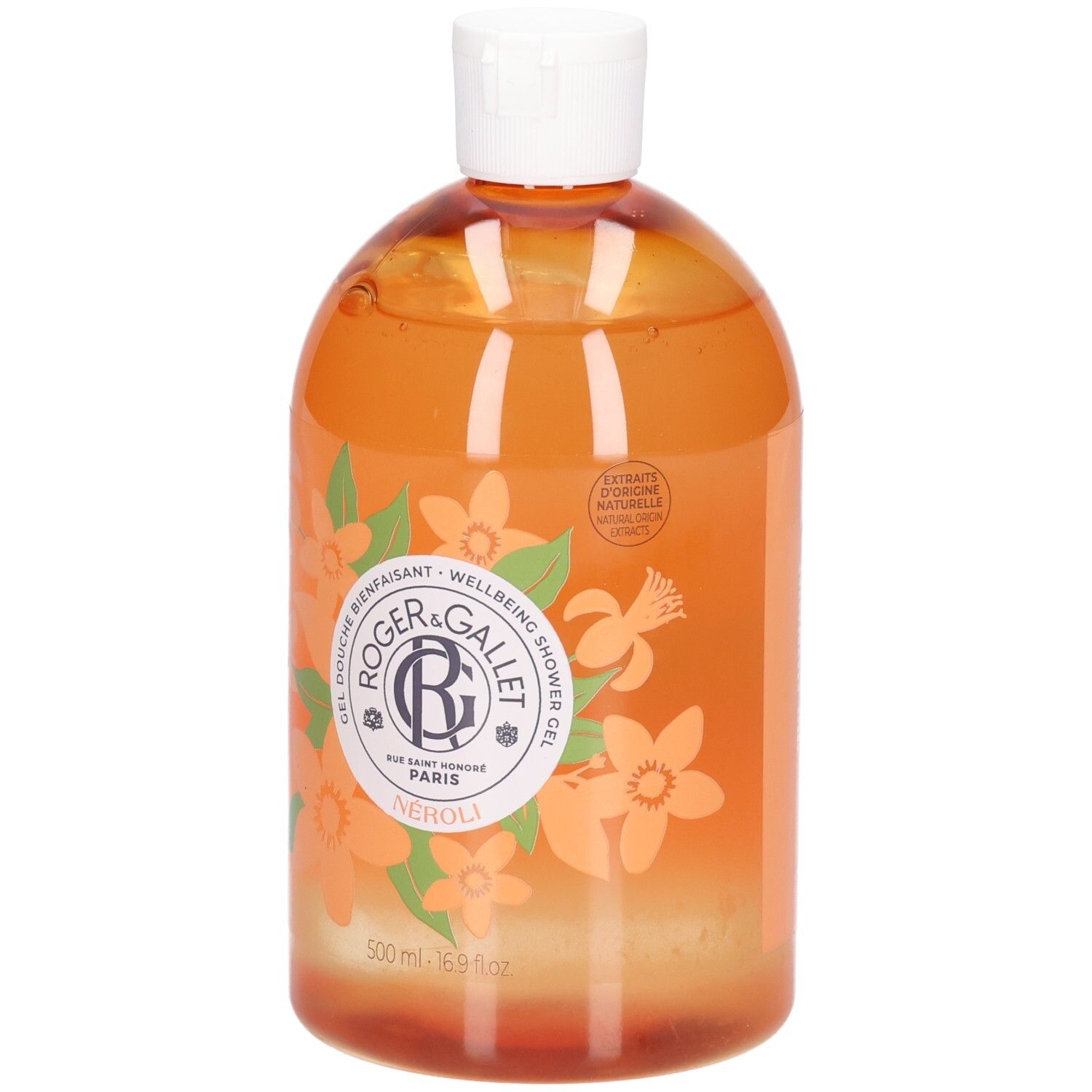 Orangefarbenes Duschgel mit weißem Deckel. Aufschrift: ROGER & GALLET, Neroli. Blumenmuster. 500 ml.