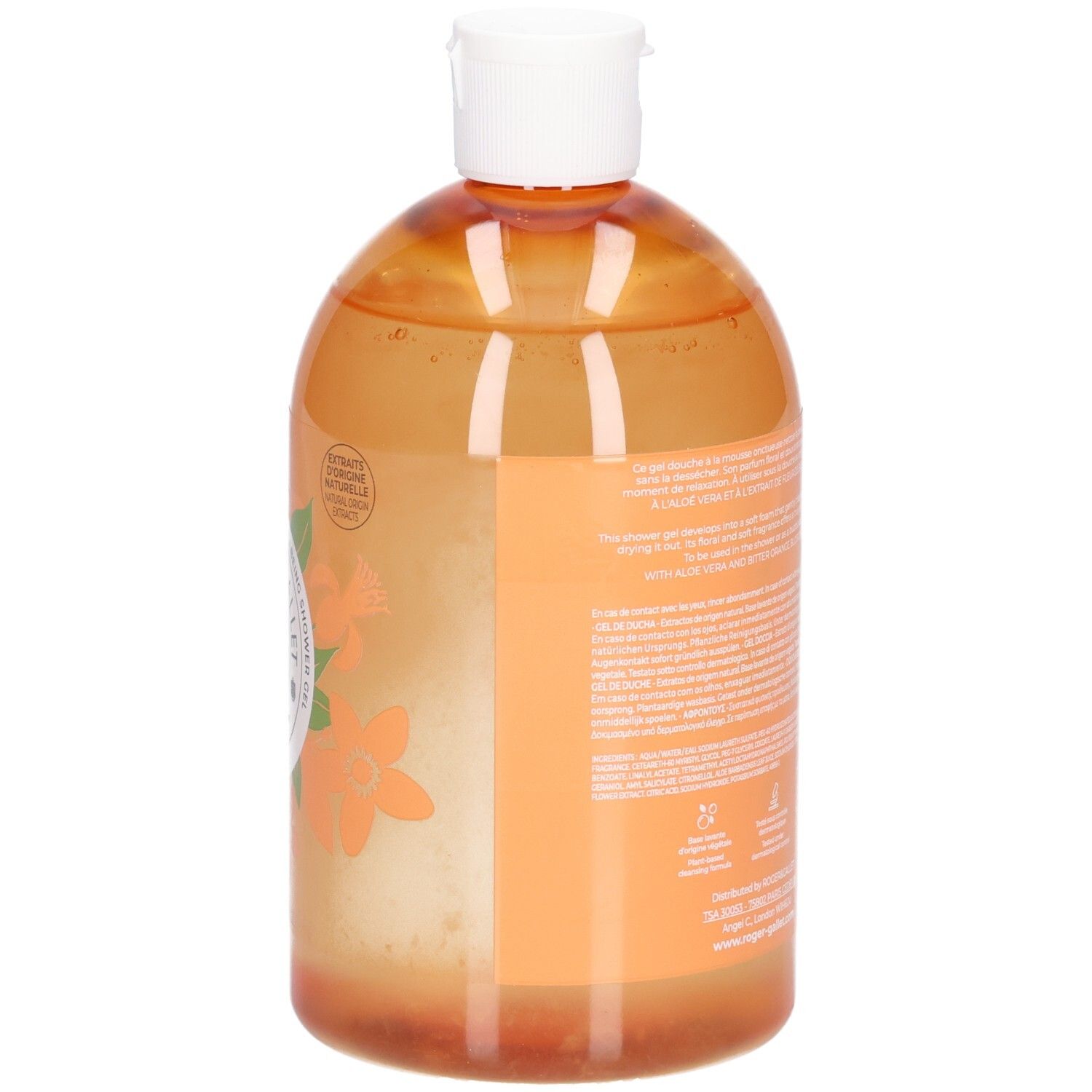 Rückseite der orangefarbenen Duschgelflasche mit weißem Deckel. Text und Etikett.