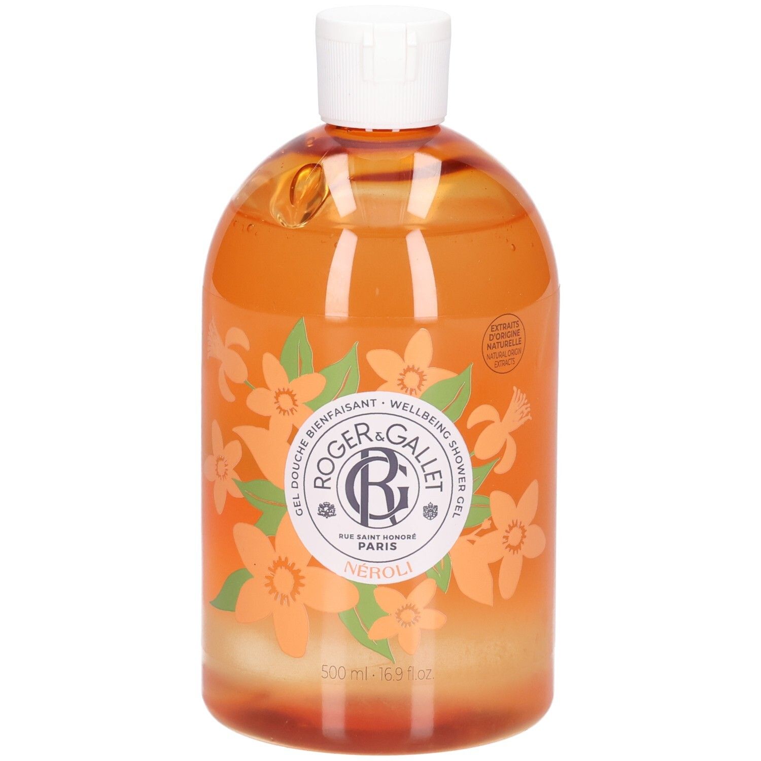 Orangefarbenes Duschgel mit weißem Deckel. Aufschrift: ROGER & GALLET, Neroli. Blumenmuster. 500 ml.