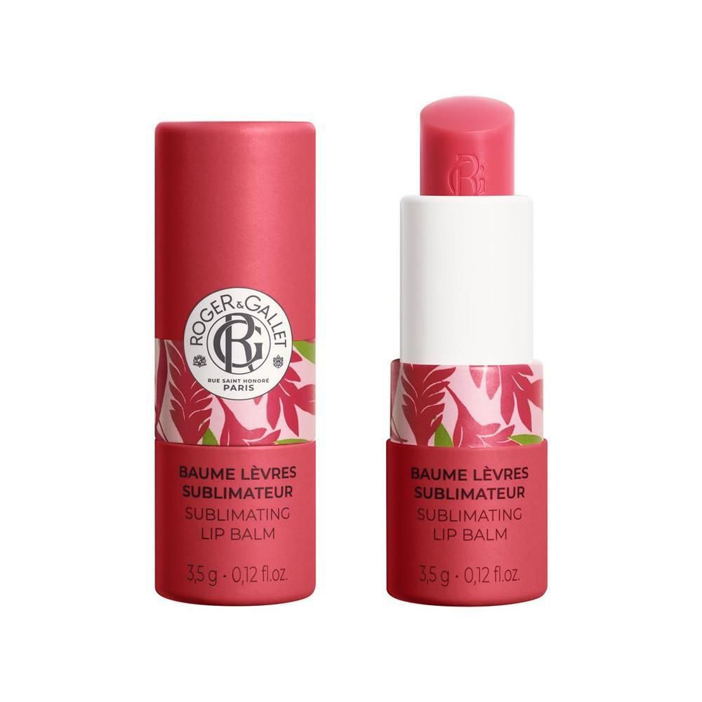 Lippenbalsam in rosa Hülse, geöffnet und geschlossen. Aufschrift: Roger & Gallet, Baume Lèvres Sublimateur, 3,5g.