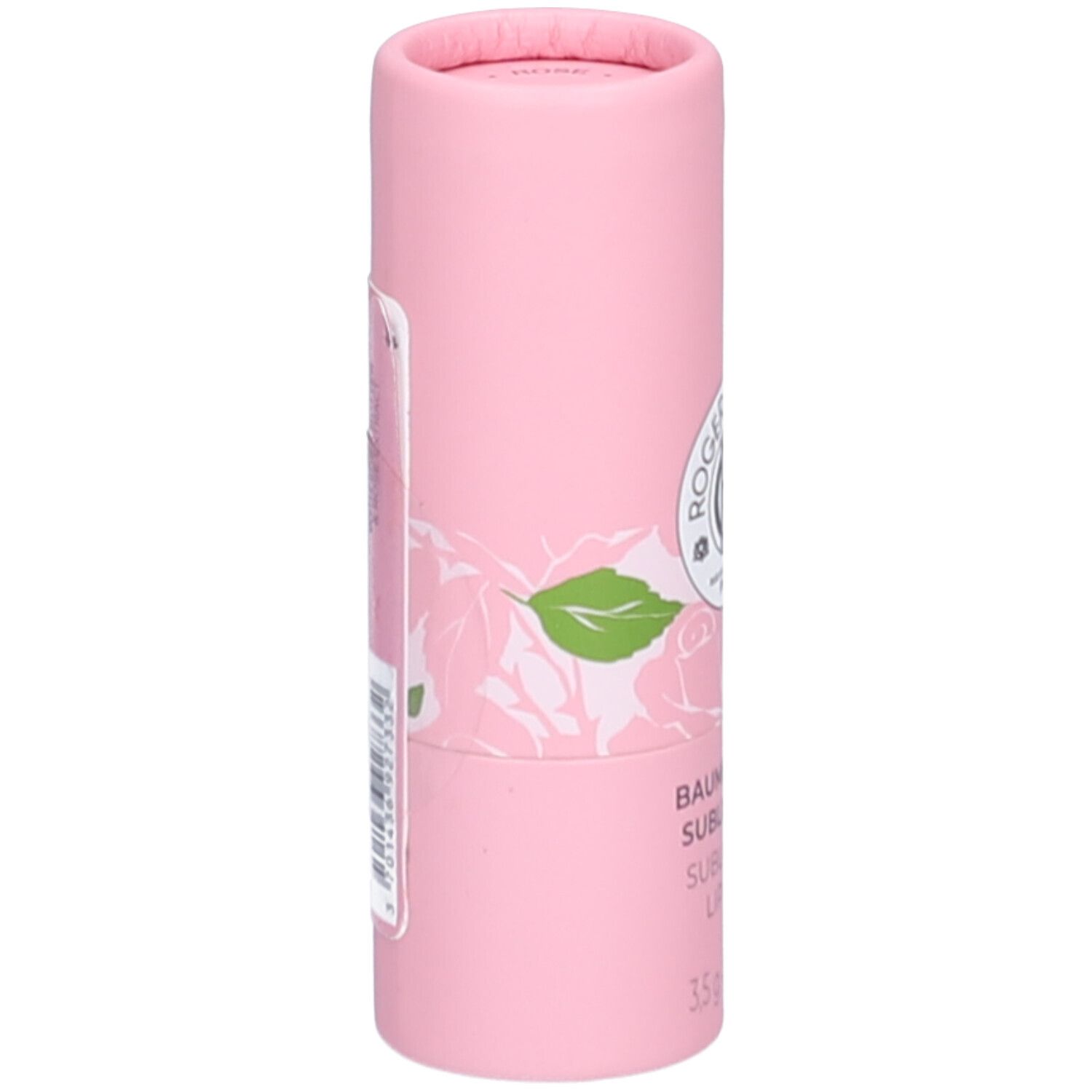 Rosa Lippenbalsam-Tube. Seite mit floralem Muster und Barcode.