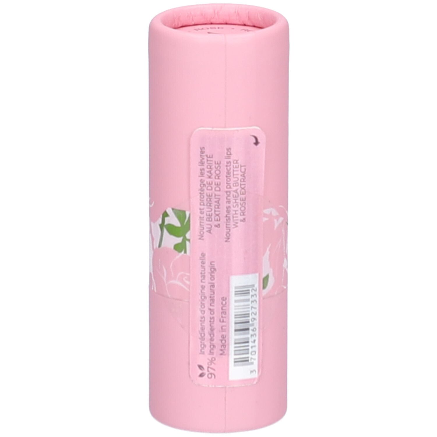 Rosa Lippenbalsam-Tube. Rückseite mit Text: Nährt und schützt Lippen mit Sheabutter & Rosenextrakt.