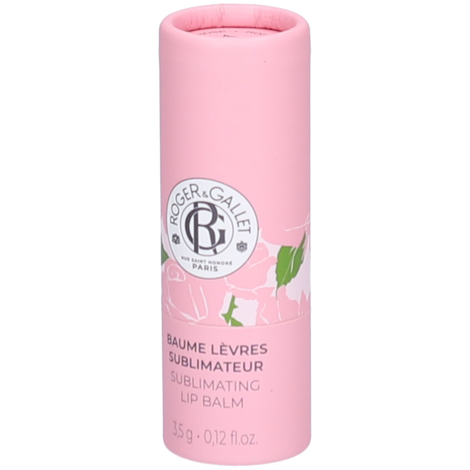 Rosa Lippenbalsam-Tube. Logo und Schriftzug: Roger&Gallet, Baume Lèvres Sublimateur, 3,5 g.