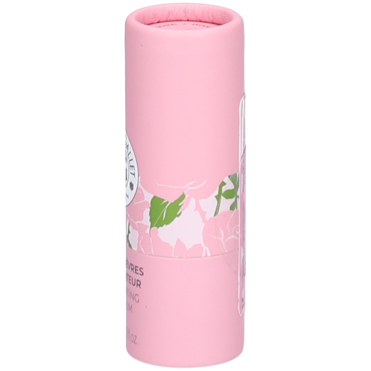 Rosa Lippenbalsam-Tube. Seite mit floralem Muster und Text.
