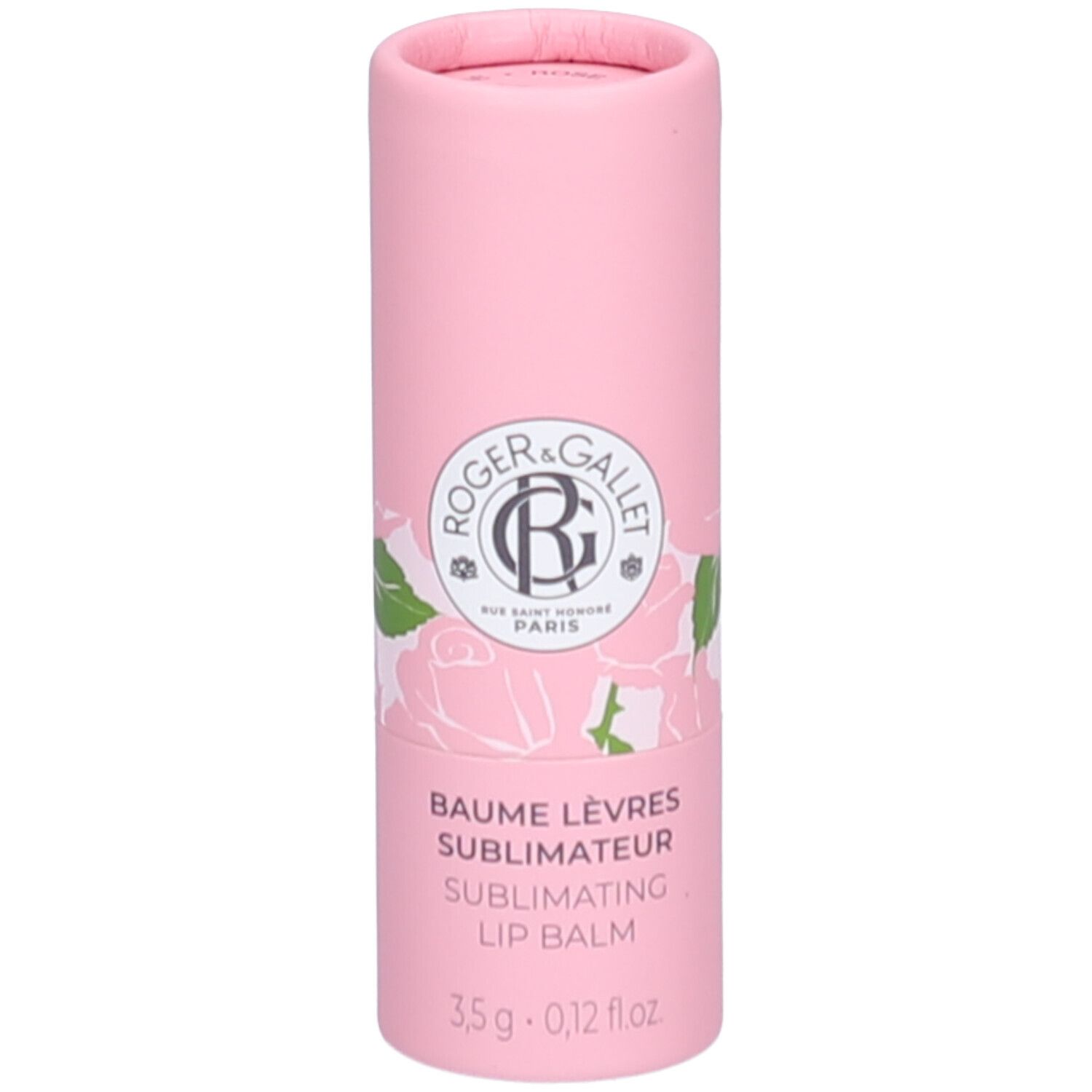 Rosa Lippenbalsam-Tube. Logo und Schriftzug: Roger&Gallet, Baume Lèvres Sublimateur, 3,5 g.