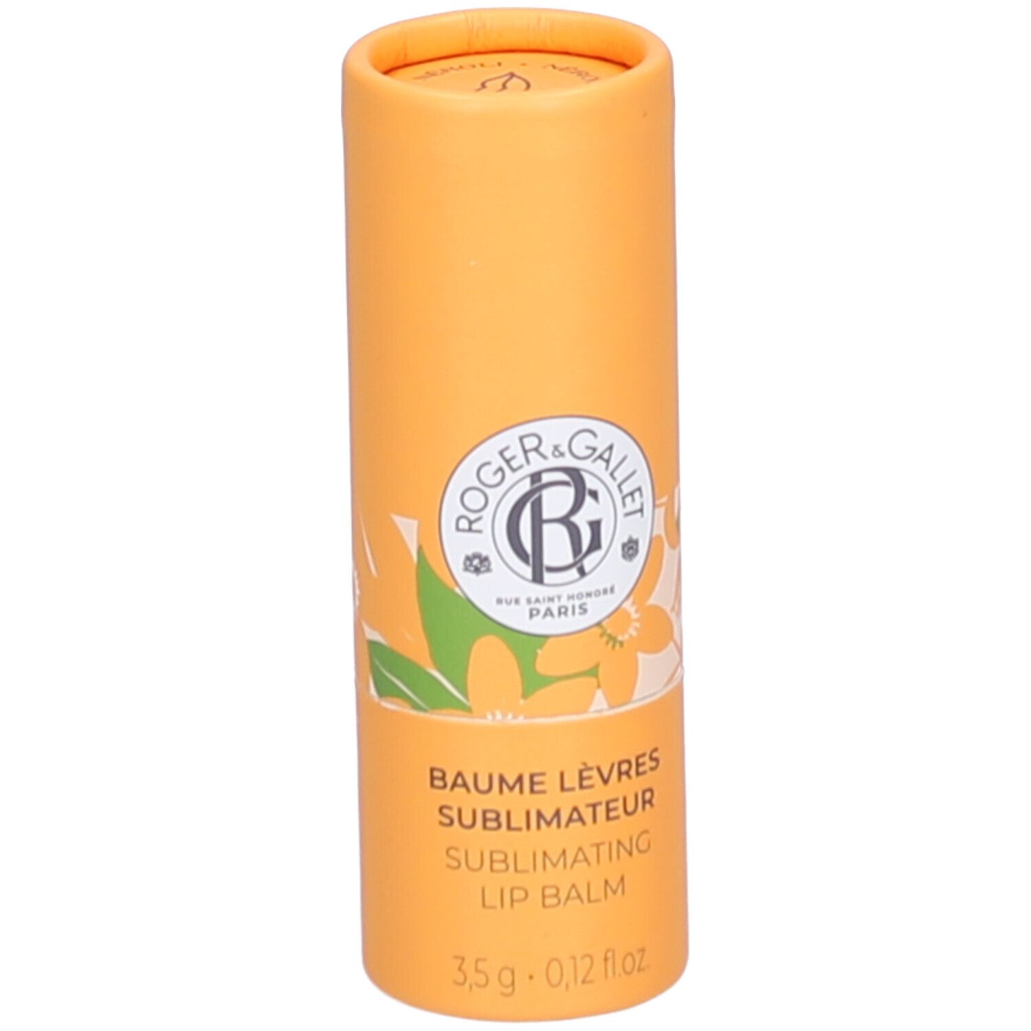 Zylindrische, orangefarbene Verpackung. Aufschrift: Roger & Gallet, Baume Lèvres Sublimateur, 3,5 g.