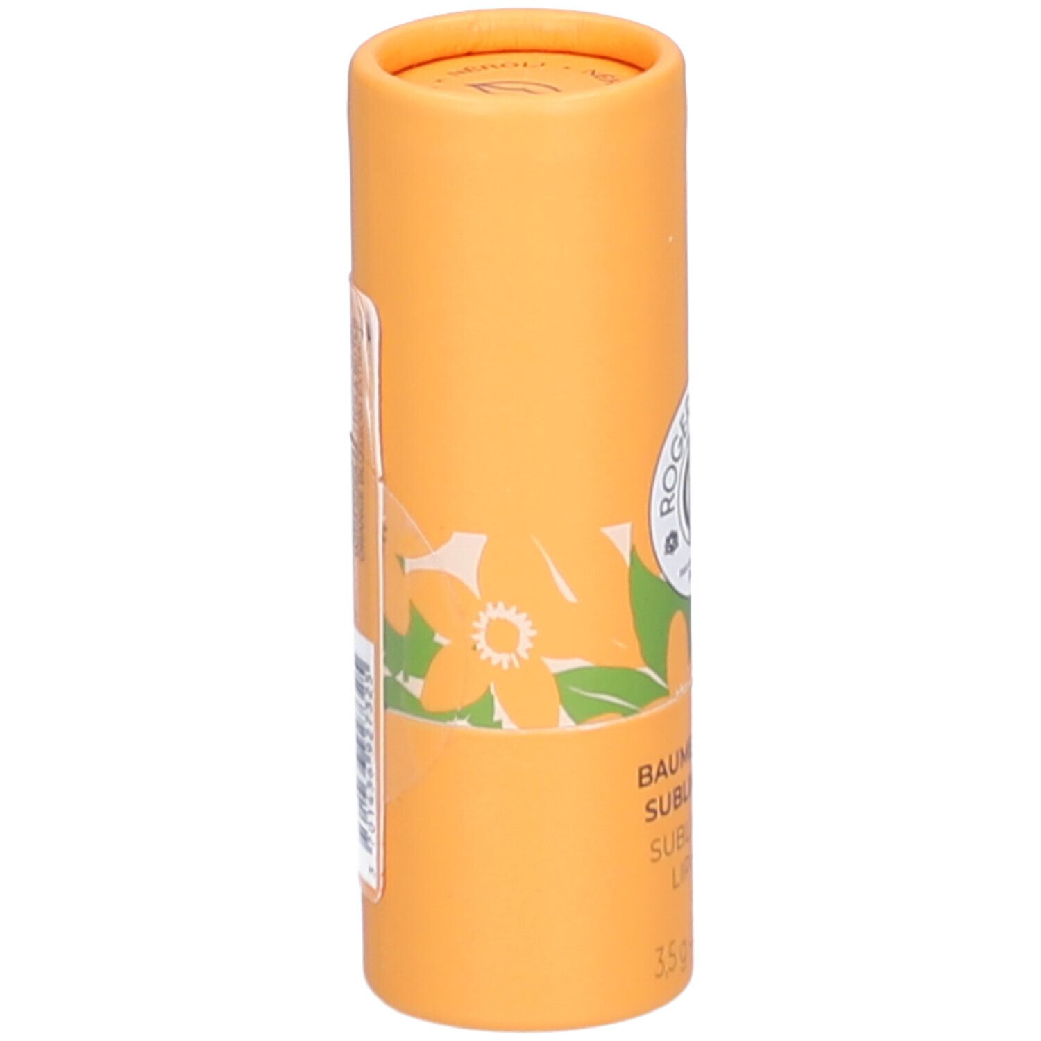 Zylindrische, orangefarbene Verpackung. Aufschrift: Roger & Gallet, Logo, Baume Lèvres Sublimateur.