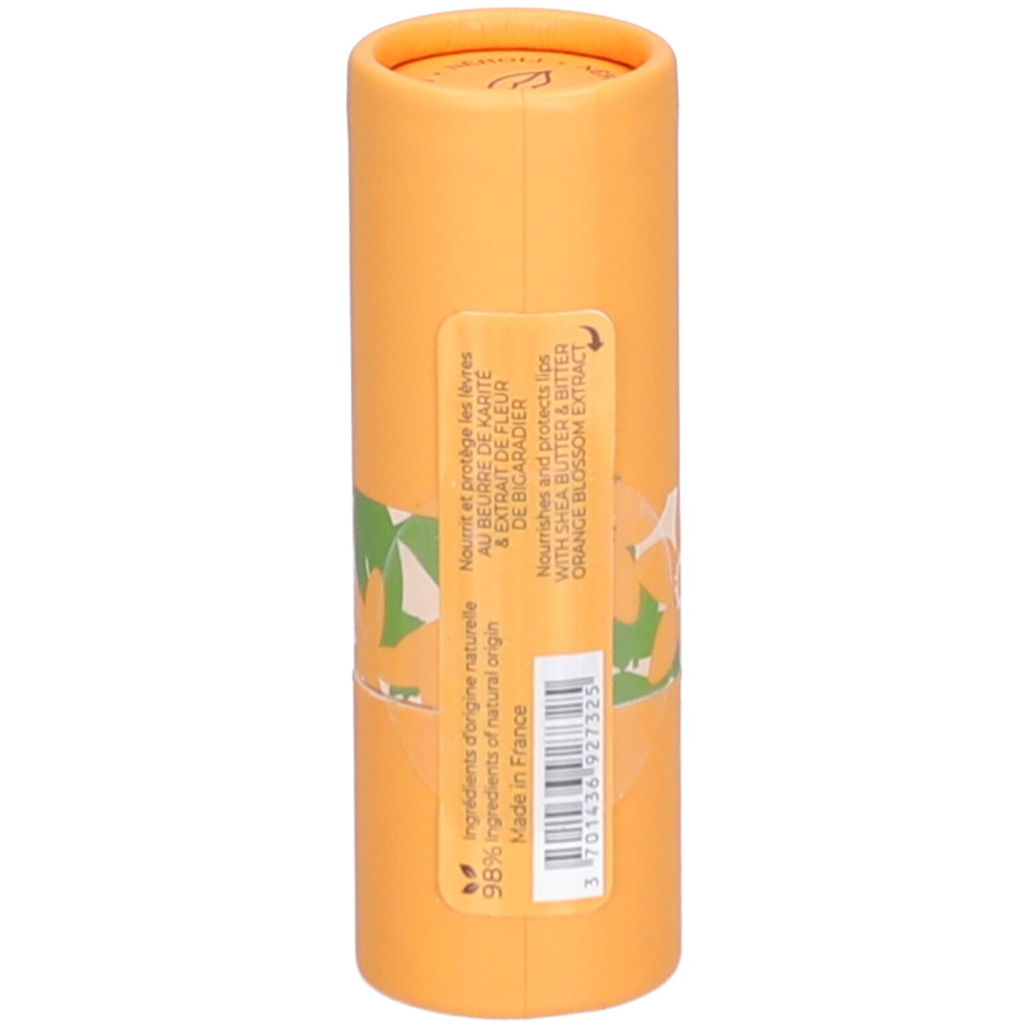 Rückseite der orangefarbenen Verpackung. Text: Inhaltsstoffe, 98% natürlichen Ursprungs, Made in France.