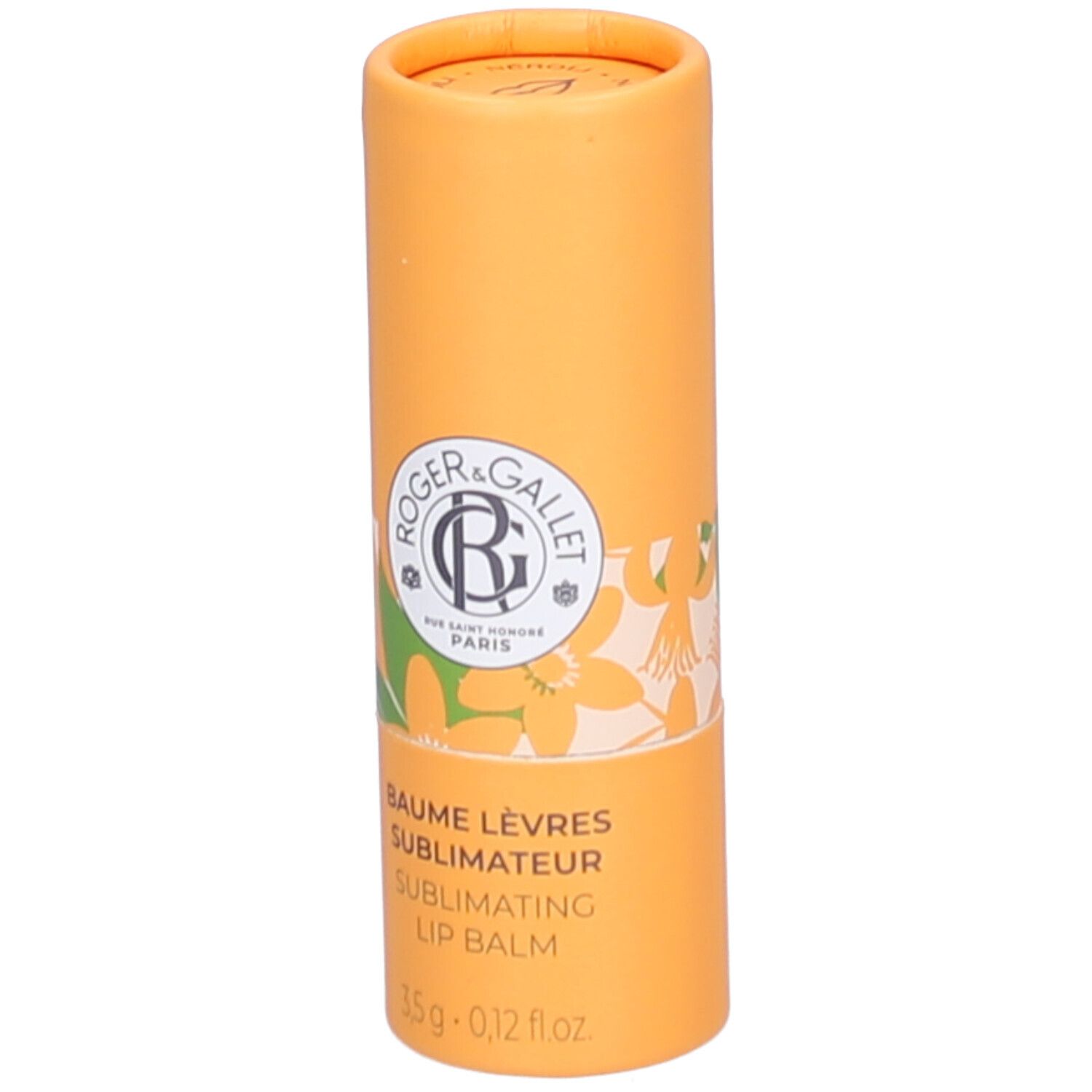 Zylindrische, orangefarbene Verpackung. Aufschrift: Roger & Gallet, Baume Lèvres Sublimateur, 3,5 g.