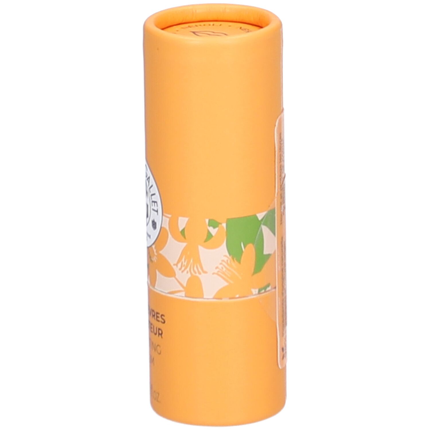 Zylindrische, orangefarbene Verpackung. Aufschrift: Roger & Gallet, Logo, Baume Lèvres Sublimateur.