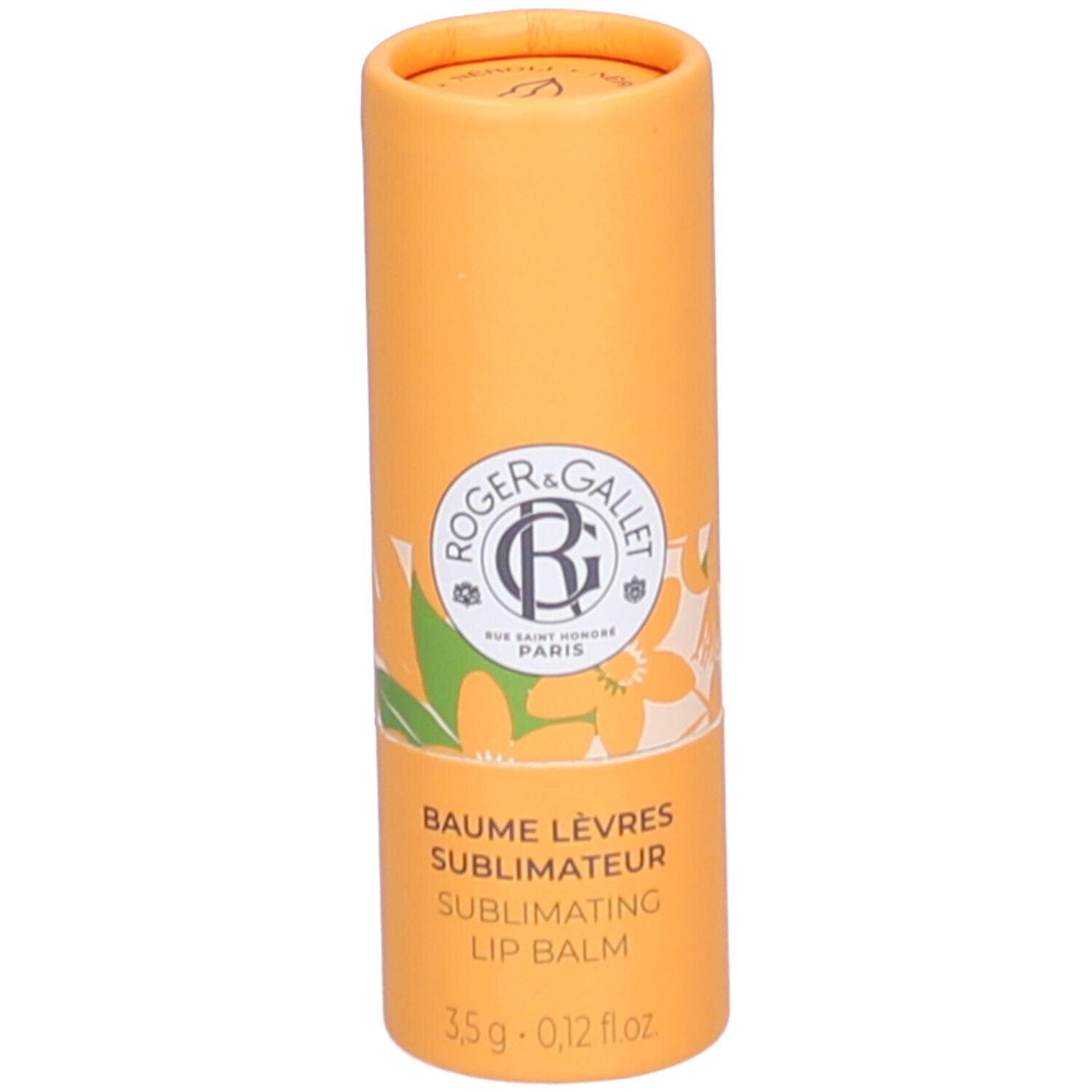 Zylindrische, orangefarbene Verpackung. Aufschrift: Roger & Gallet, Baume Lèvres Sublimateur, 3,5 g.
