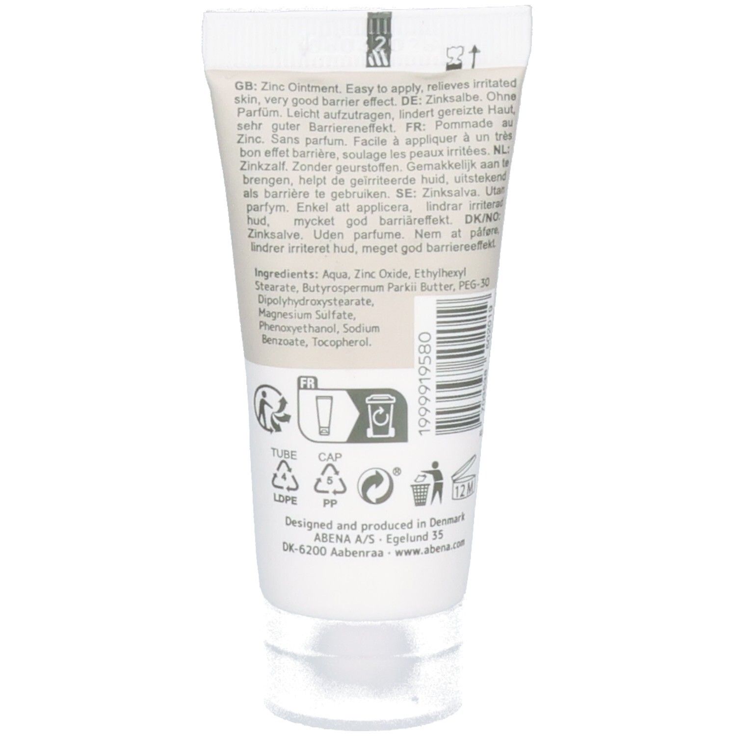 Rückseite der ABENA Zinksalbe Tube mit Inhaltsstoffen und Anwendungshinweisen.
