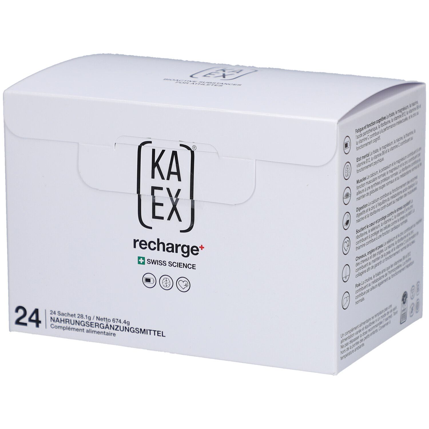 Boîte en carton blanche avec logo et texte du produit. Contient 24 sachets. Logo Swiss Science.