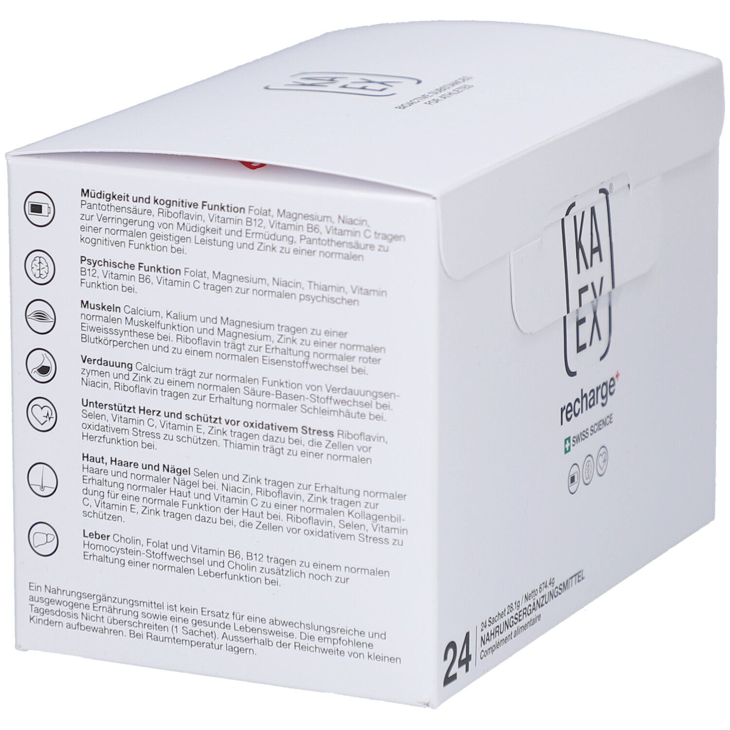 Boîte en carton blanche avec texte. Contient des informations sur les ingrédients et les fonctions. Logo Swiss Science.