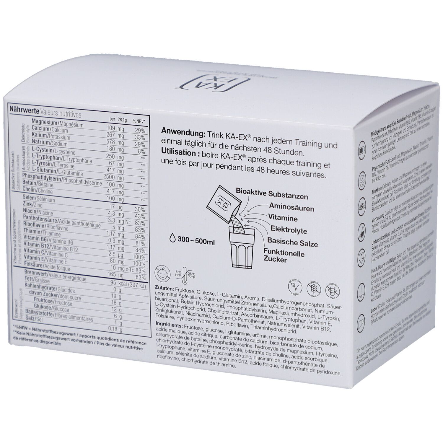 Boîte en carton blanche avec informations nutritionnelles et instructions d'utilisation. Contient 24 sachets.