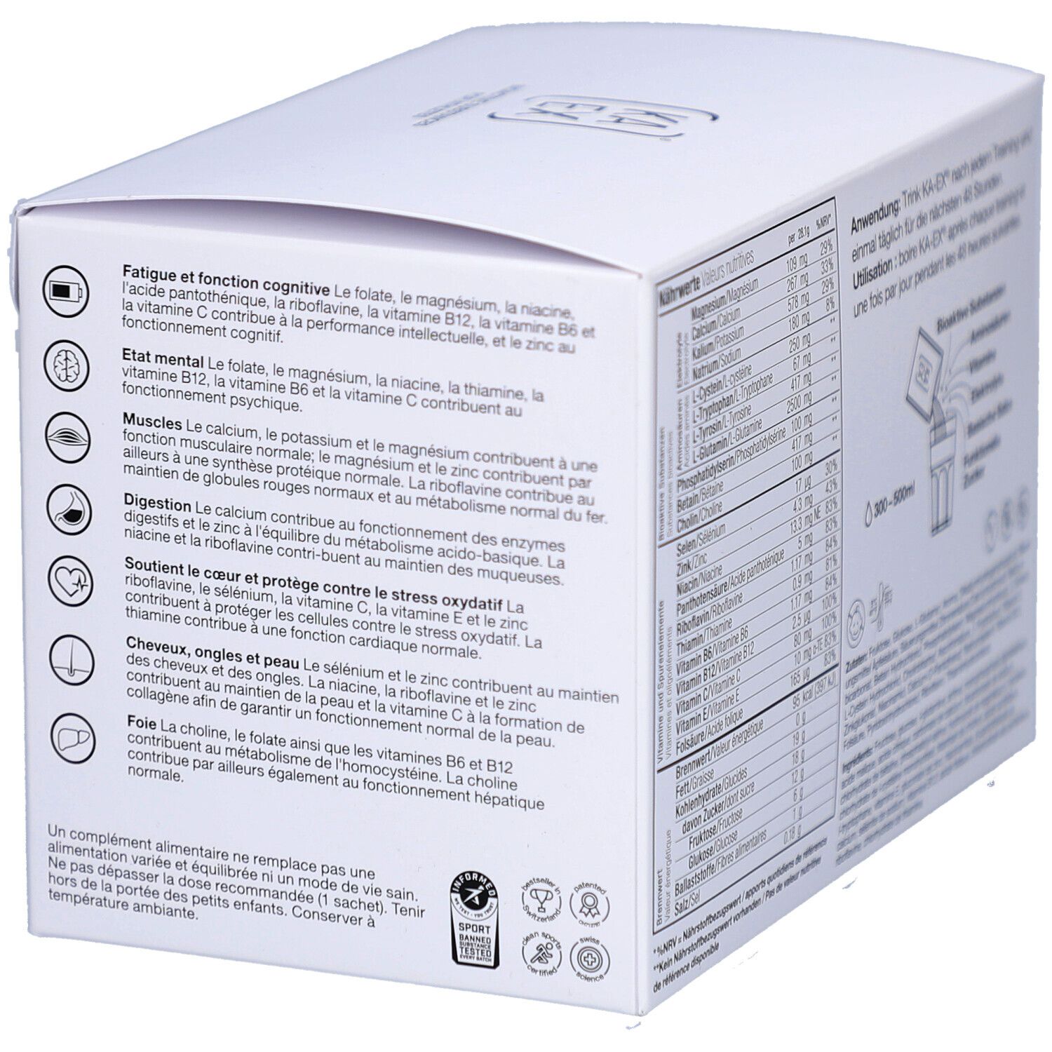 Boîte en carton blanche avec texte et informations nutritionnelles. Contient des informations sur les ingrédients et les fonctions.