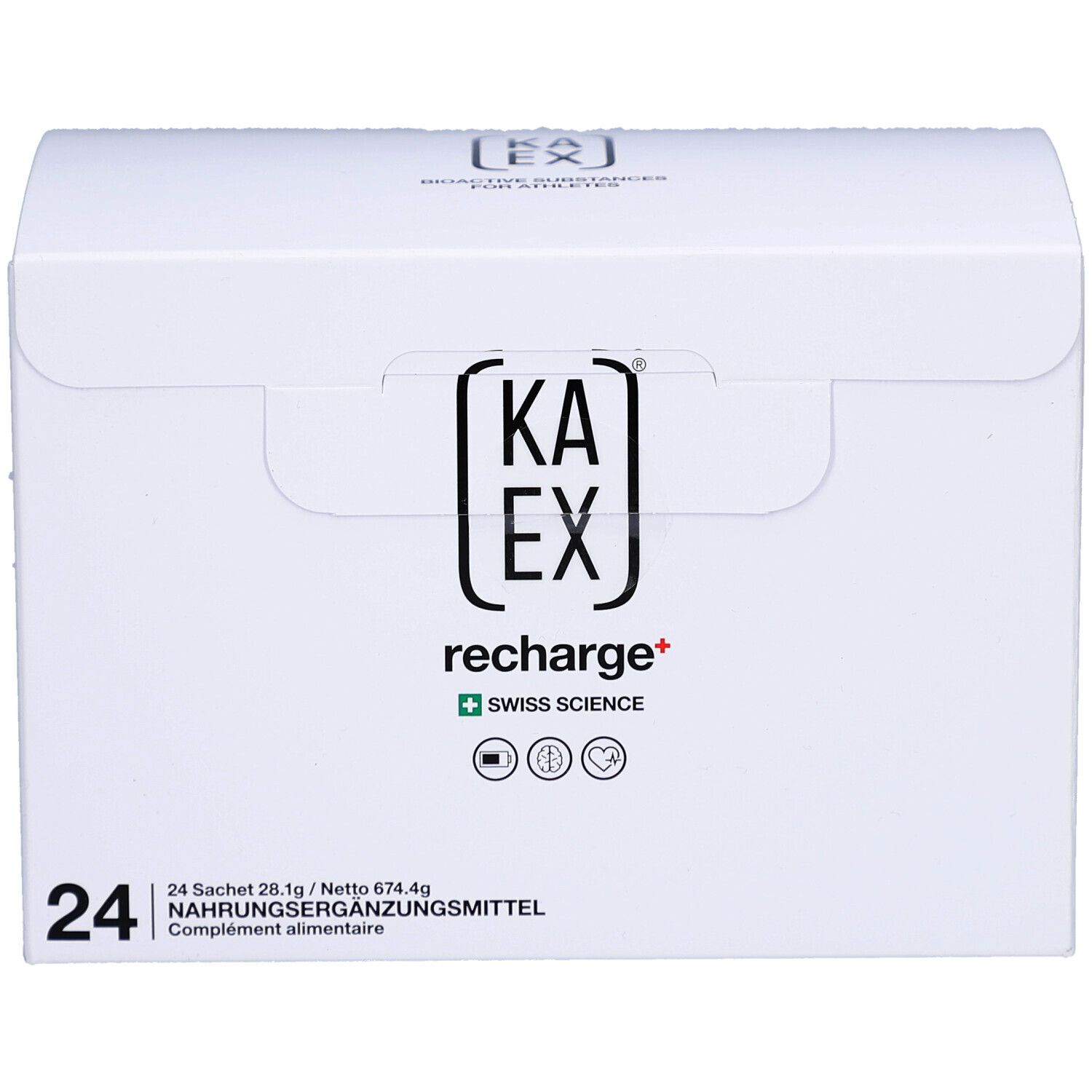 Boîte en carton blanche avec logo et texte du produit. Contient 24 sachets. Logo Swiss Science.