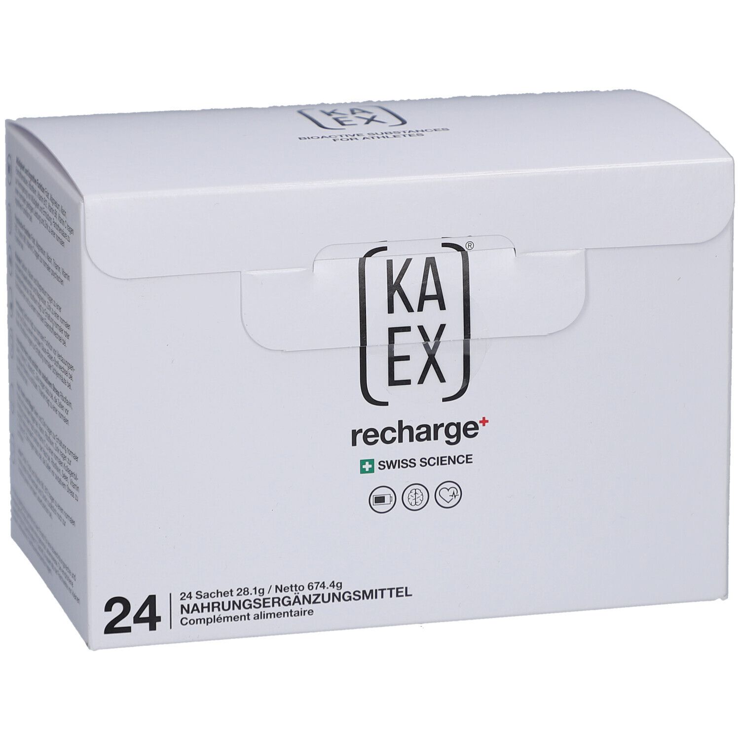 Boîte en carton blanche avec logo et texte du produit. Contient 24 sachets. Logo Swiss Science.