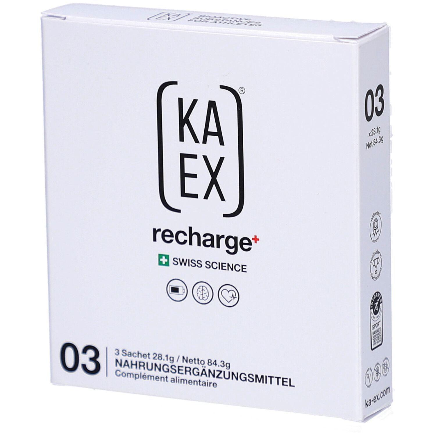 Weiße KAEX-Verpackung. Logo, Schriftzug "recharge+" und Icons. Aufdruck "03". Enthält 3 Sachets. Schweizer Wissenschaft.