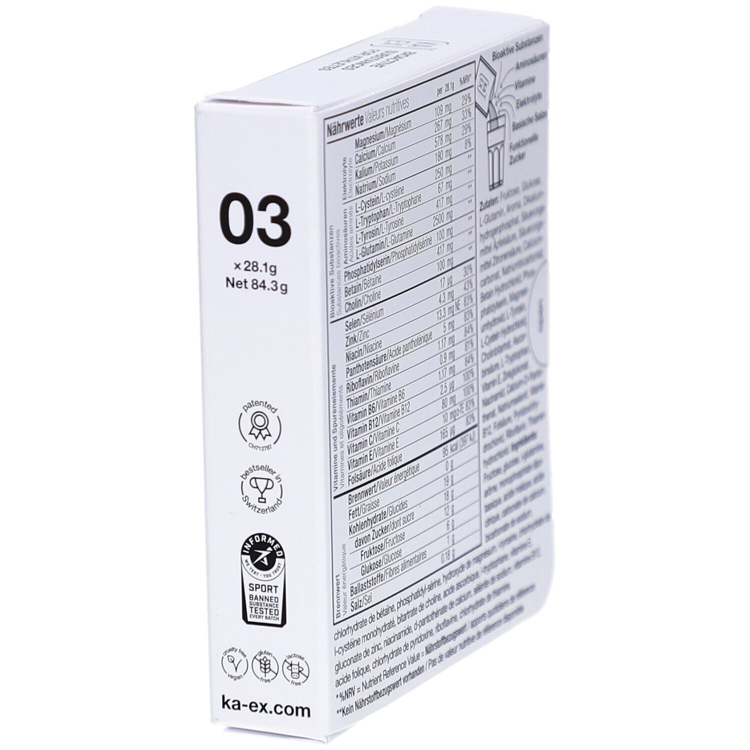 Schräge Ansicht der KAEX-Verpackung. Nährwerttabelle, Inhaltsstoffe. Aufdruck "03". Sport Banned Substances getestet.