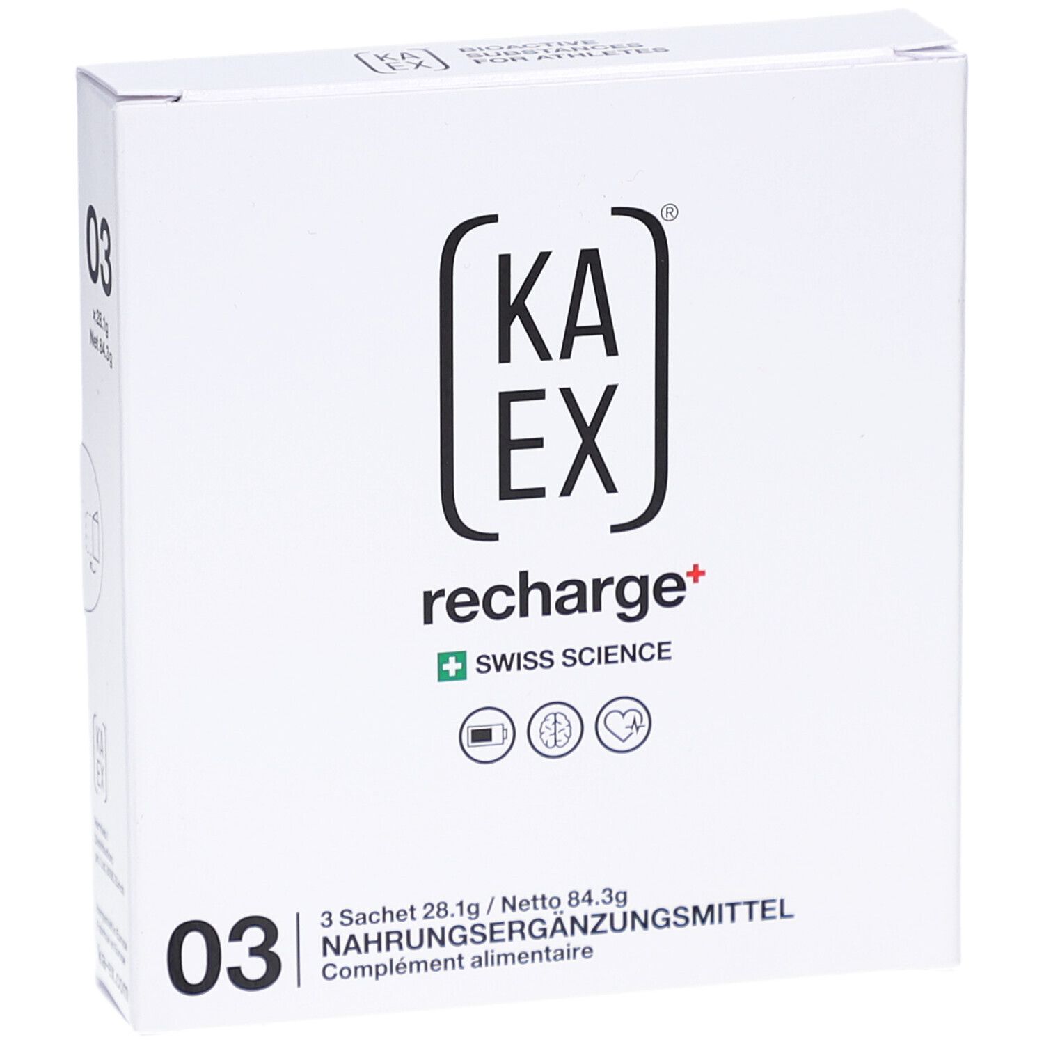 Weiße KAEX-Verpackung. Logo, Schriftzug "recharge+" und Icons. Aufdruck "03". Enthält 3 Sachets. Schweizer Wissenschaft.