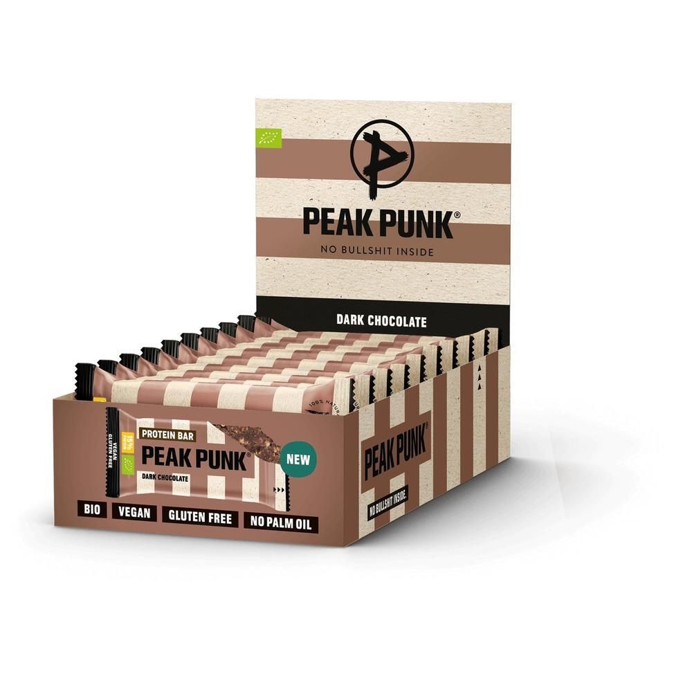 PEAK PUNK Bio Prot Bar Dark Choco: Displaybox mit 12 einzeln verpackten Proteinriegeln.