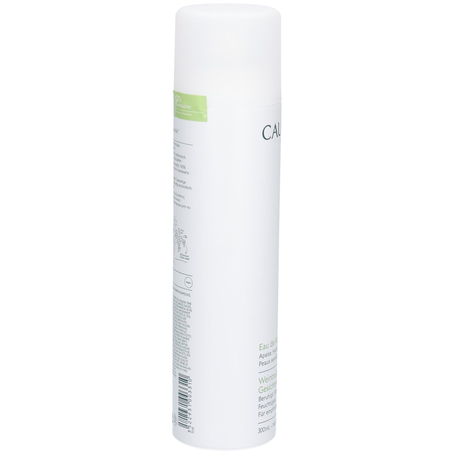 Weintrauben-Gesichtswasser-Spray. Weißes Behältnis mit CAUDALIE-Logo und Produktbezeichnung. Text in Deutsch und Französisch. 300ml.