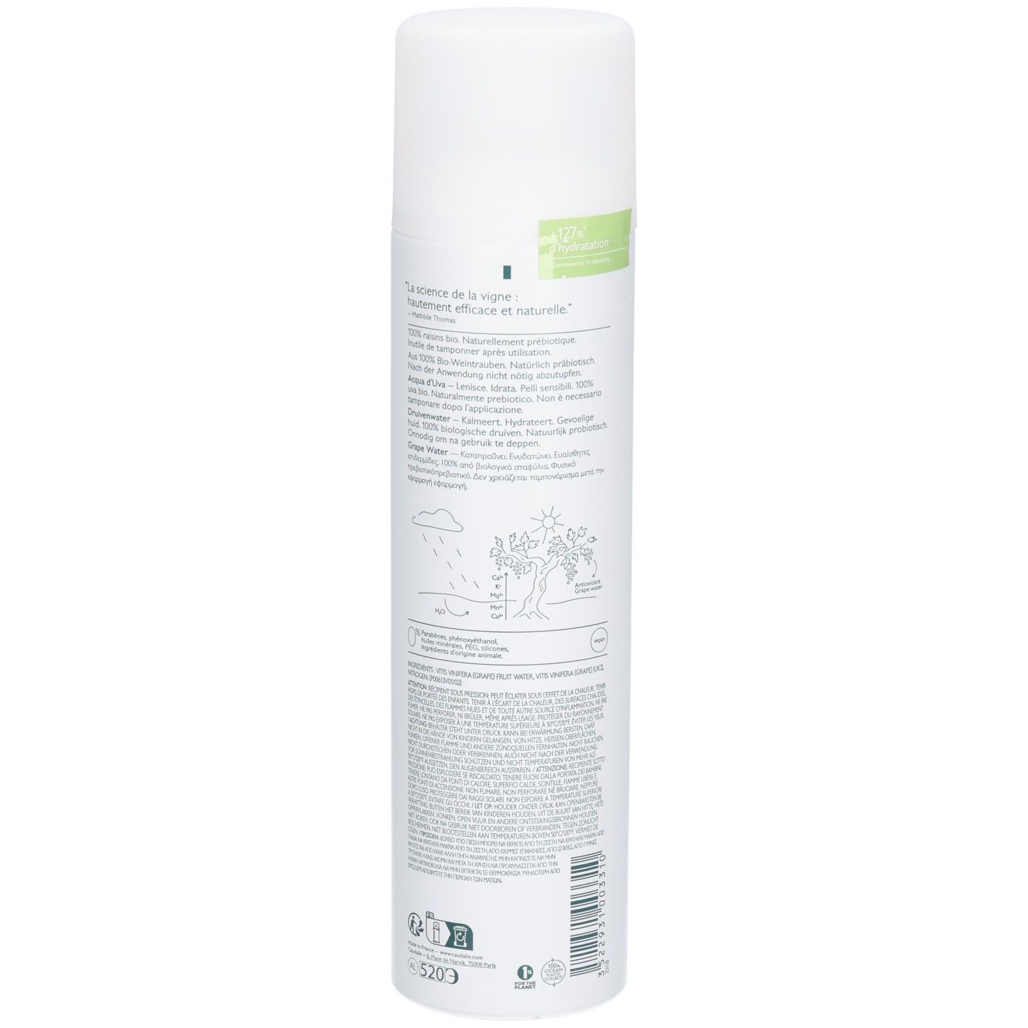 Rückseite einer weißen Sprühflasche. Text: Informationen zum Produkt, Illustrationen, Logos. Grüne Markierung.