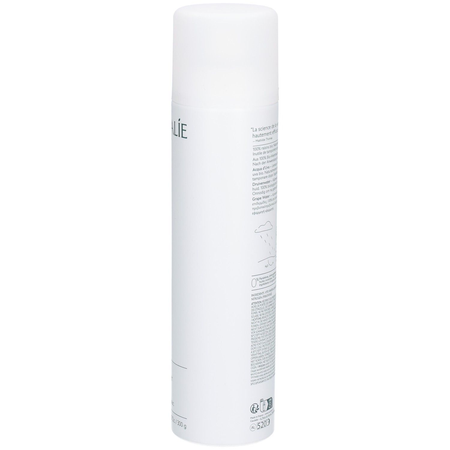 Seite einer weißen Sprühflasche. Text: Informationen zum Produkt, Logos. Grüne Markierung.