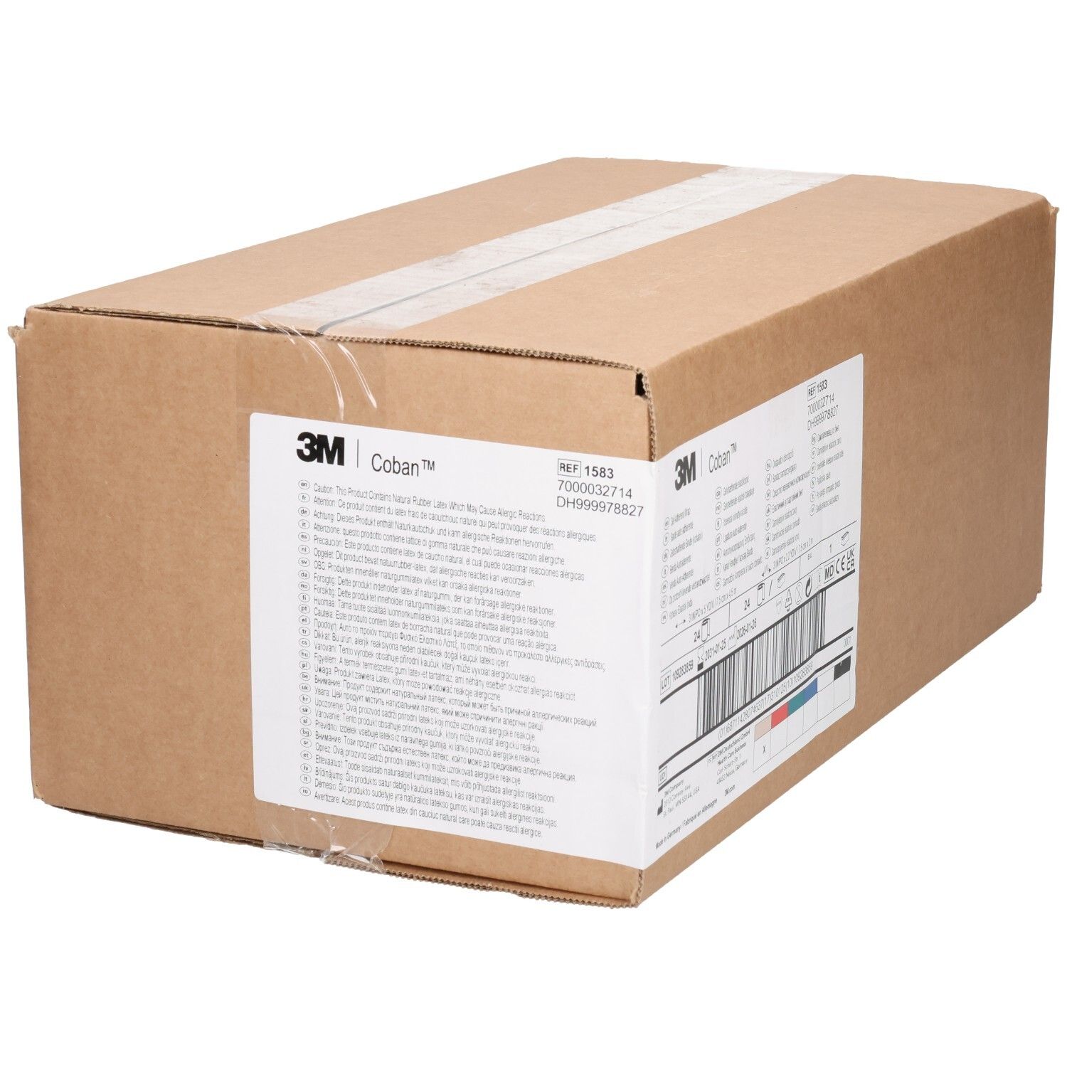 Braune Kartonverpackung mit weißem Klebeband. Auf der linken Seite befindet sich ein Etikett mit Produktinformationen und Barcode.