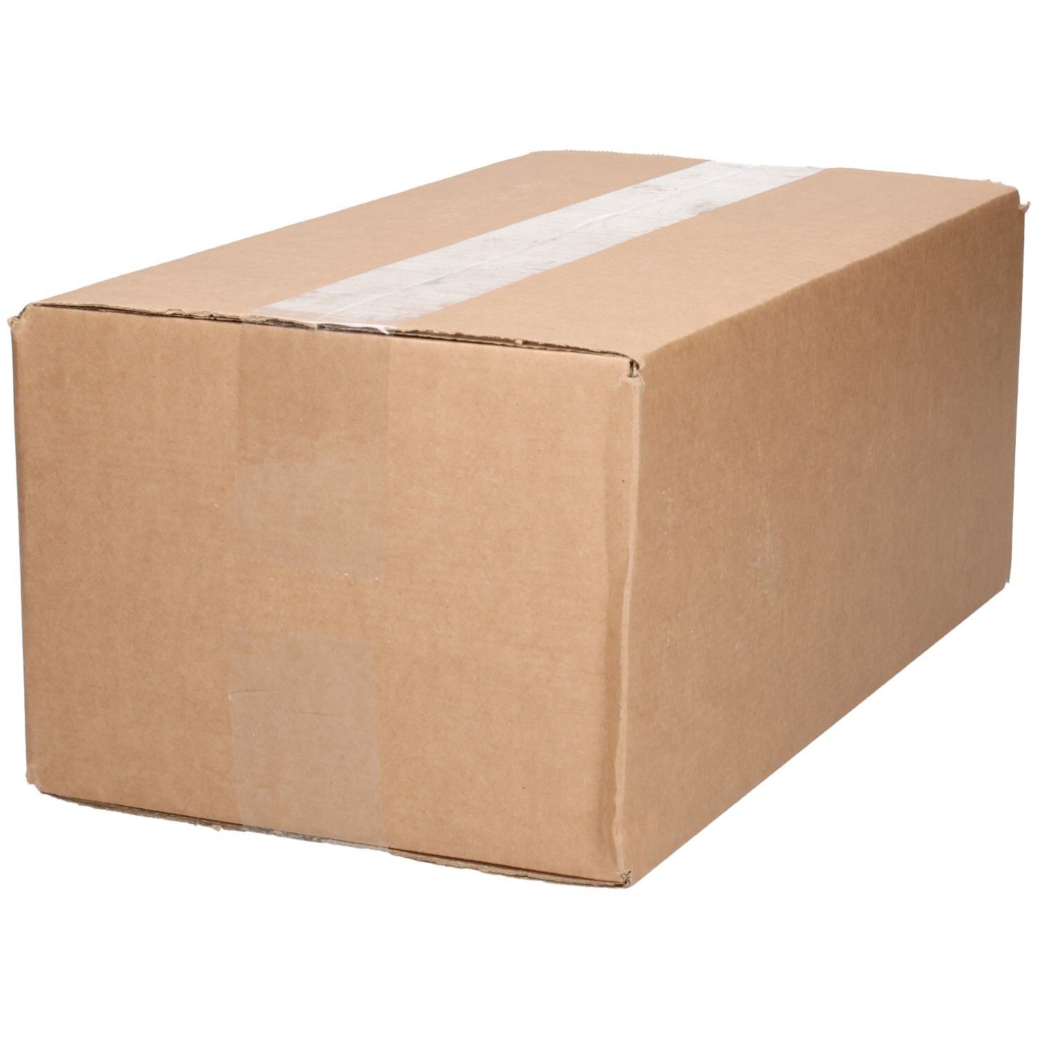 Braune Kartonverpackung mit weißem Klebeband. Die Verpackung ist leicht schräg gestellt.