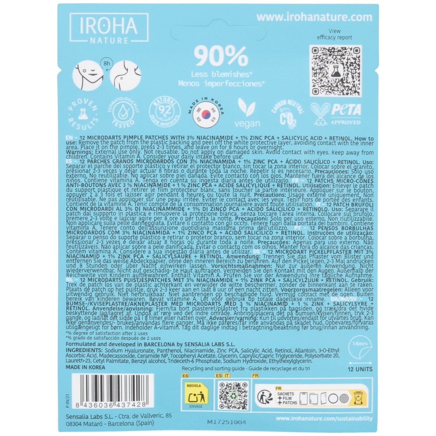 Dos de l'emballage des Patchs Microdarts anti-boutons IROHA NATURE avec ingrédients et instructions.