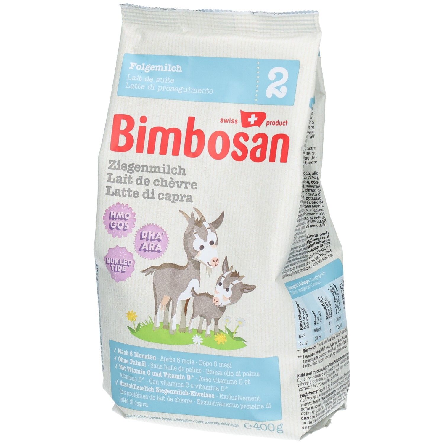 Bimbosan Lait de chèvre 2 Lait de suite, emballage avec illustration de chèvre et logo "Swiss Product".
