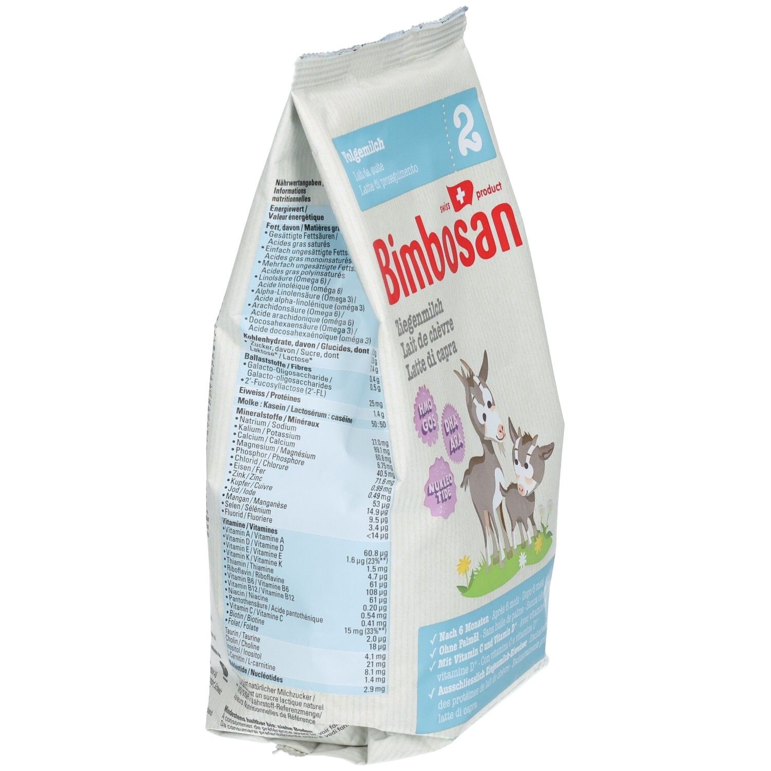 Dos Bimbosan Lait de chèvre 2 Lait de suite, emballage avec tableau nutritionnel et ingrédients.