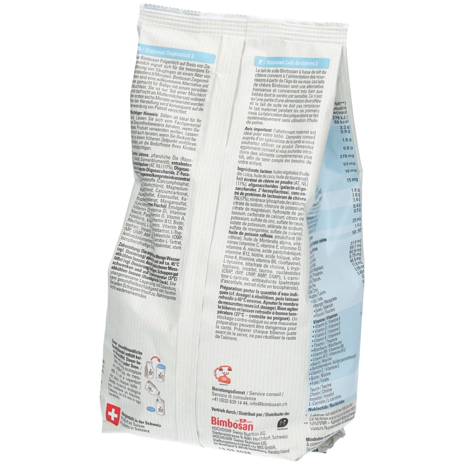 Vue latérale Bimbosan Lait de chèvre 2 Lait de suite, emballage avec informations détaillées.