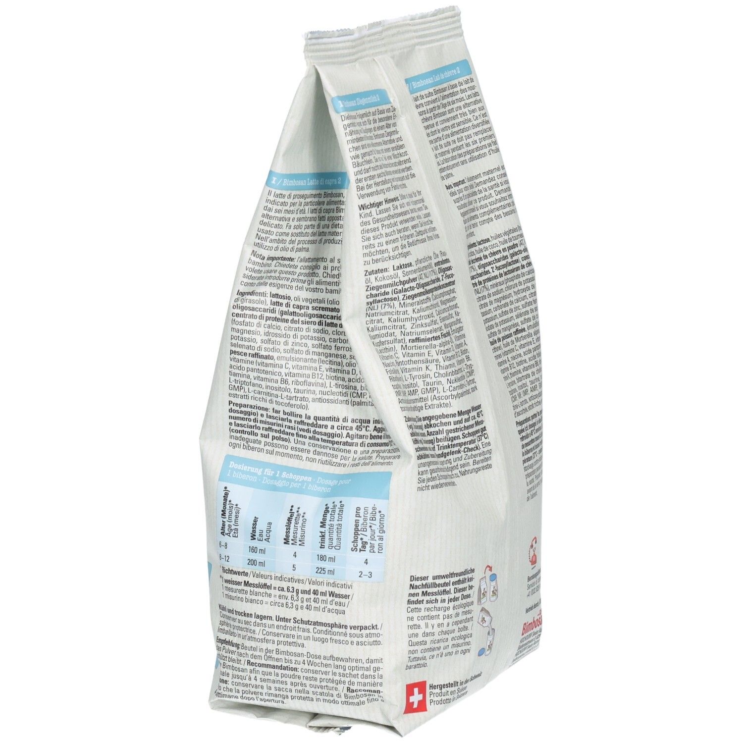 Vue latérale Bimbosan Lait de chèvre 2 Lait de suite, emballage avec instructions de préparation.