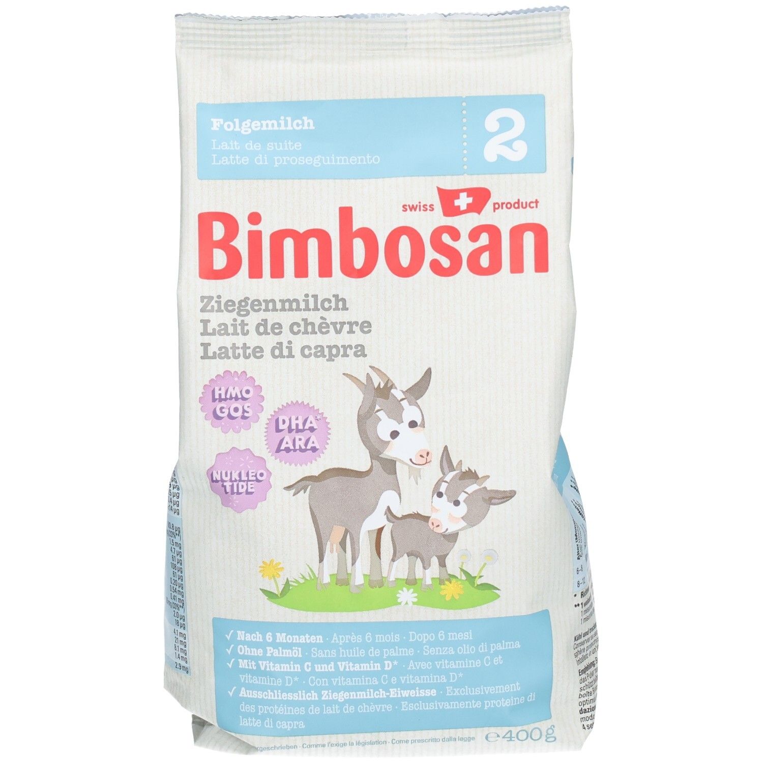 Avant Bimbosan Lait de chèvre 2 Lait de suite, emballage avec logo "Swiss Product" et illustration de chèvre.