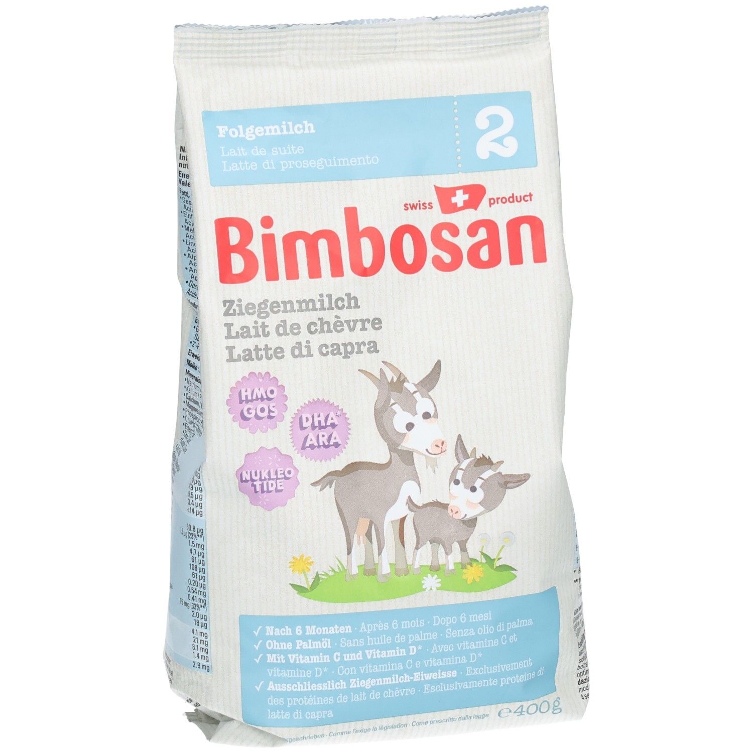 Bimbosan Lait de chèvre 2 Lait de suite, emballage avec HMO, GOS, DHA, ARA et sceau "Nutri-Tide".