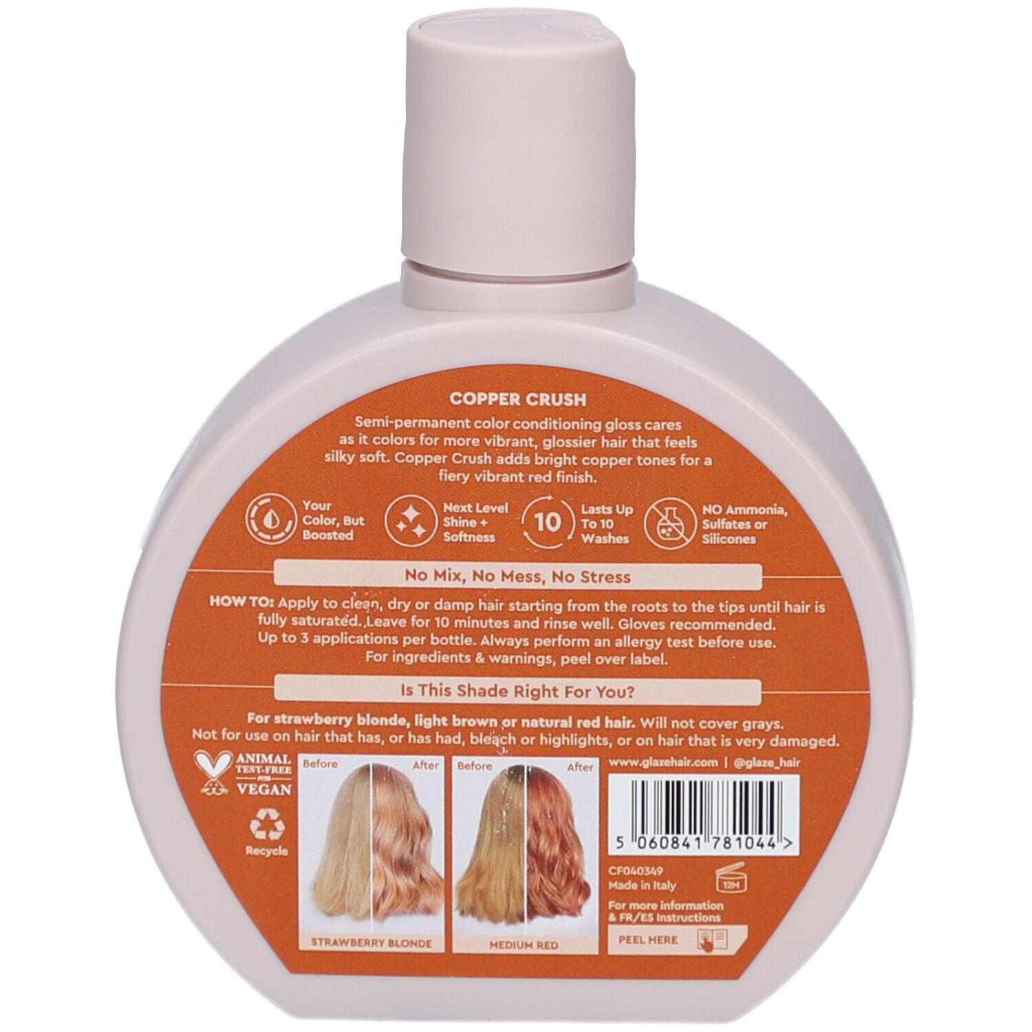 Dos du flacon de gloss. Texte et illustrations. Étiquette cuivrée.