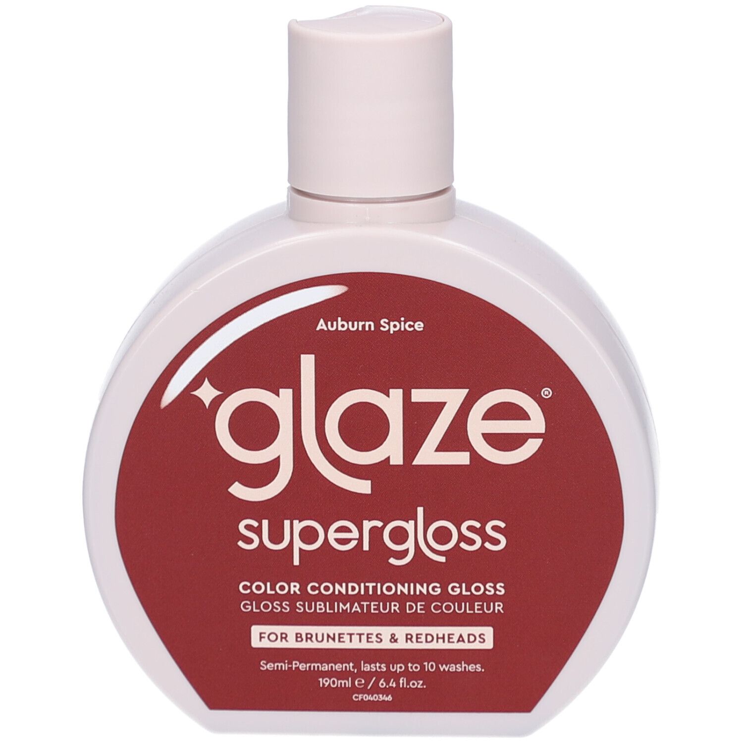 Flacon rond, bouchon rose. Étiquette rouge avec texte blanc: "glaze supergloss". Inscription: "Auburn Spice".