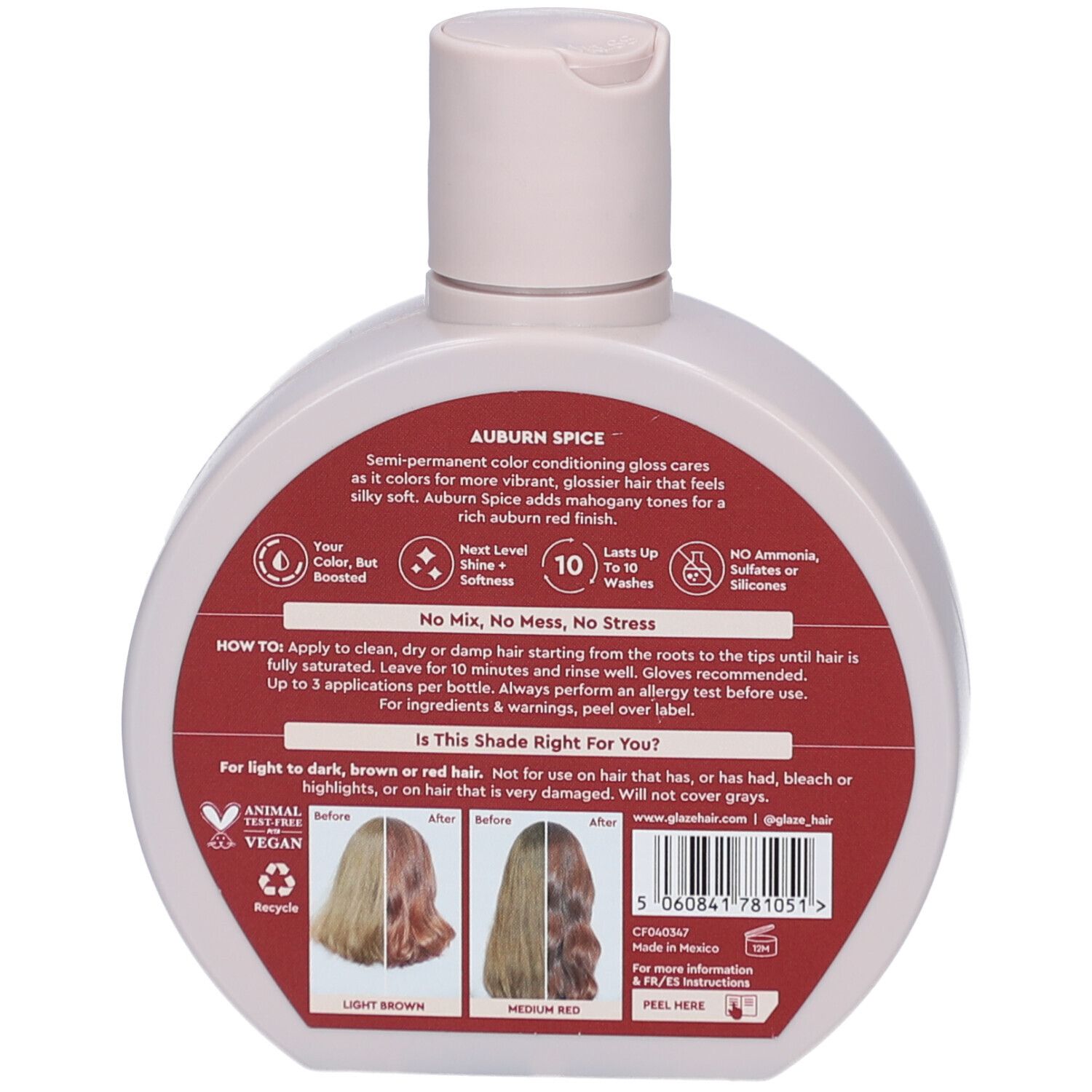 Dos du flacon. Étiquette rouge avec texte. Illustrations de cheveux avant/après. Inscription: "Auburn Spice".
