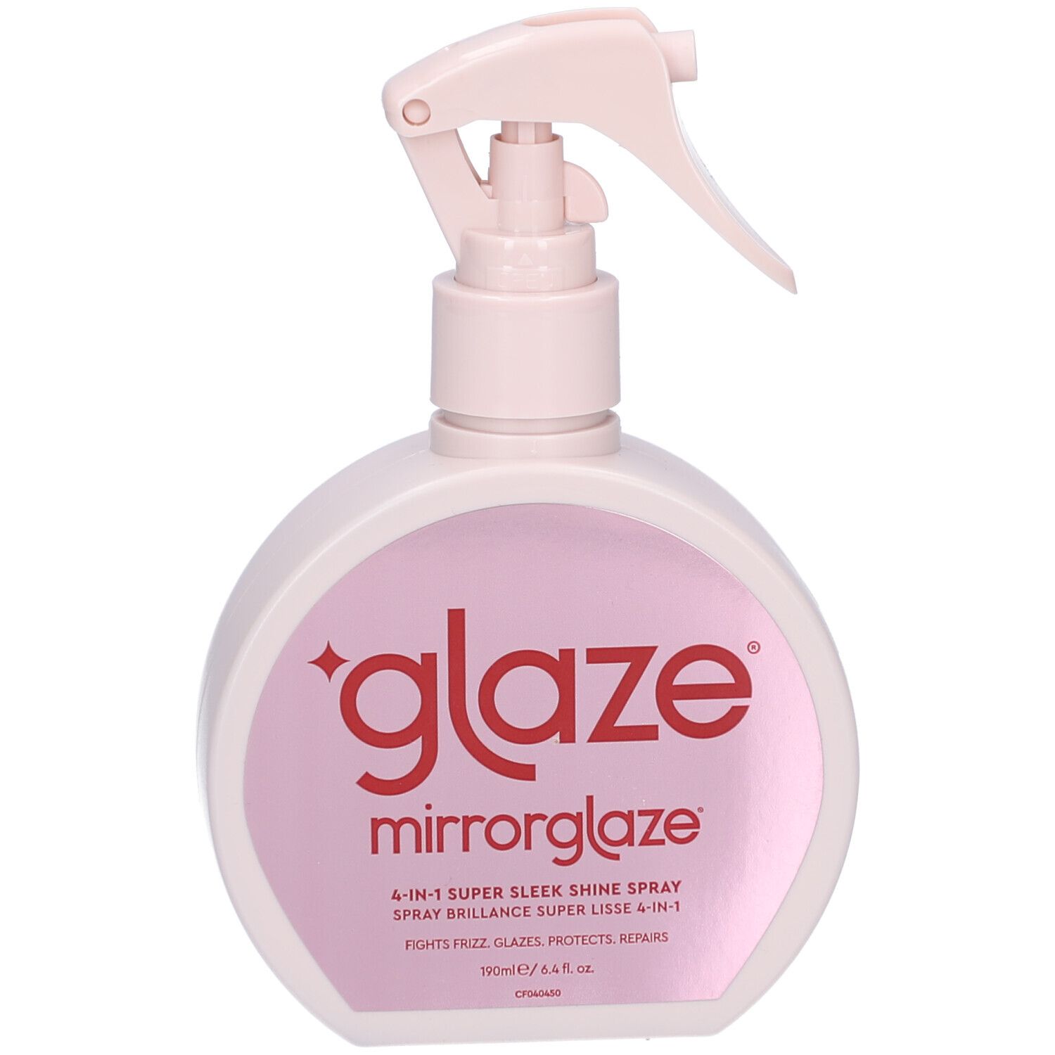 Runde, rosa Sprühflasche mit weißem Etikett. Aufschrift: 'glaze mirrorglaze'. Text: '4-in-1 Super Sleek Shine Spray'.